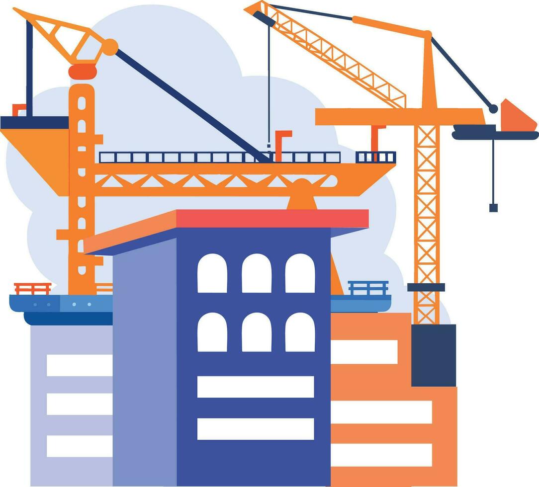 Hand Drawn Building with crane under construction in flat style vector