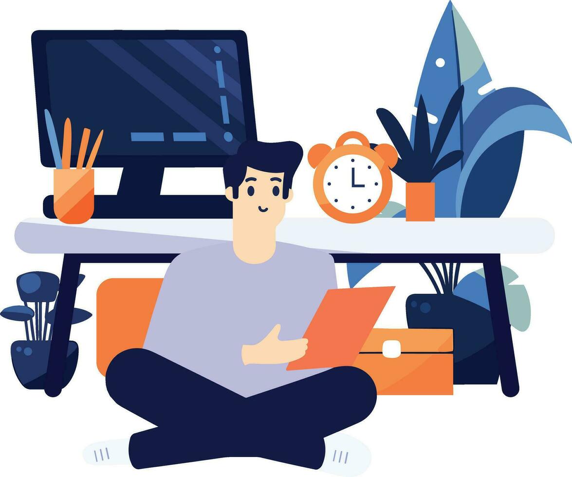 Hand Drawn A male character is sitting and reading a book in his office in flat style vector