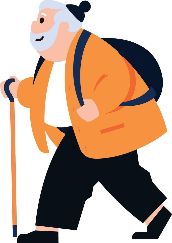 Hand Drawn Elderly characters walk with canes in flat style vector