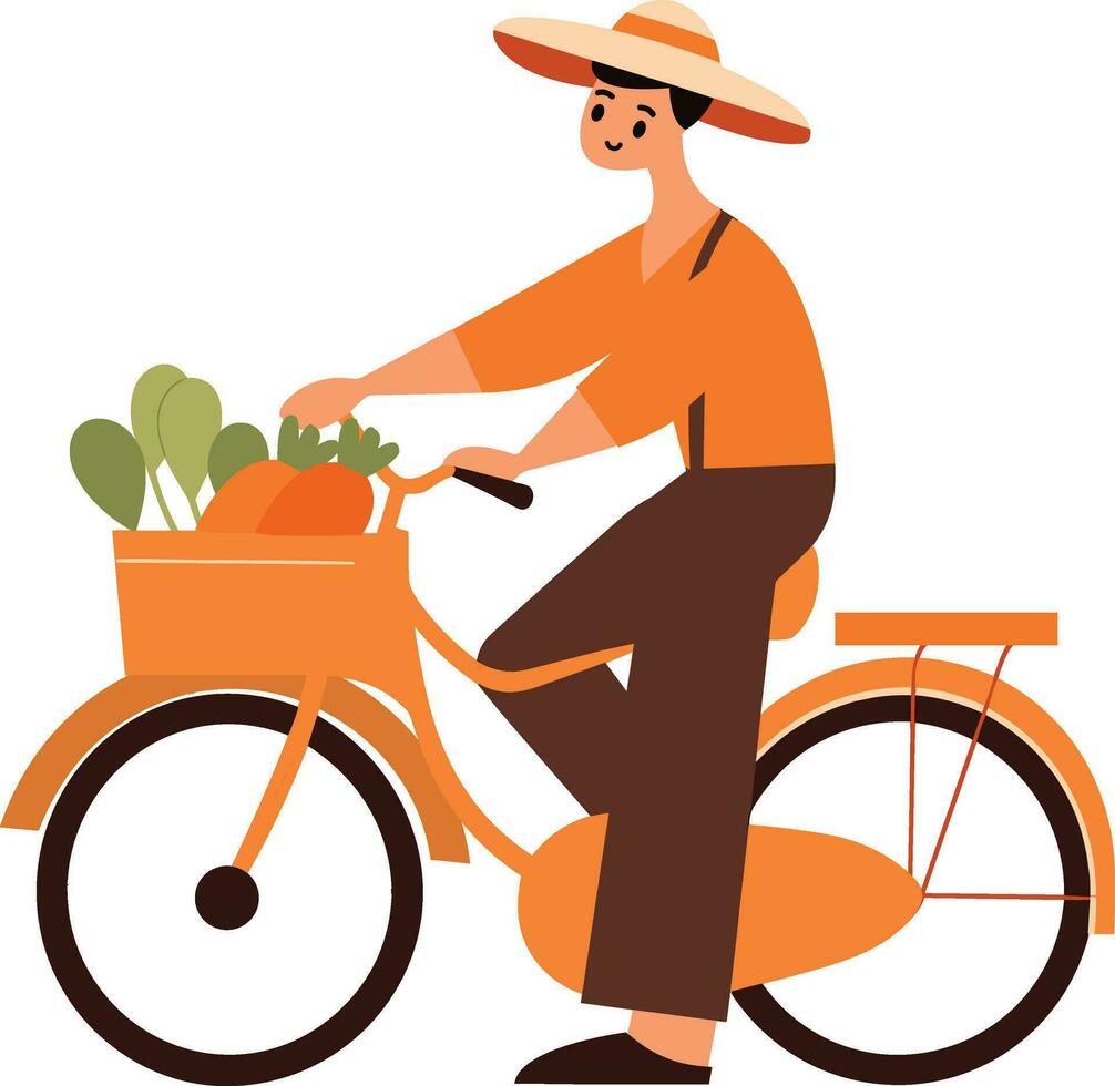 mano dibujado masculino granjero montando un bicicleta en plano estilo vector