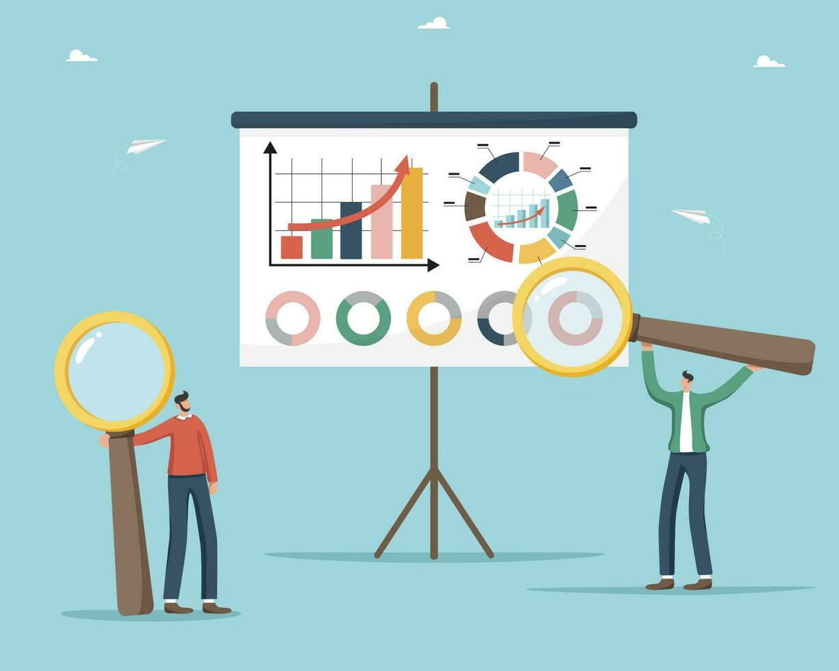 Assessing the cost of a project or estimate, calculating a budget, accounting for an investment portfolio and savings, analyzing income and expenses, men with magnifying glasses near board with graphs vector