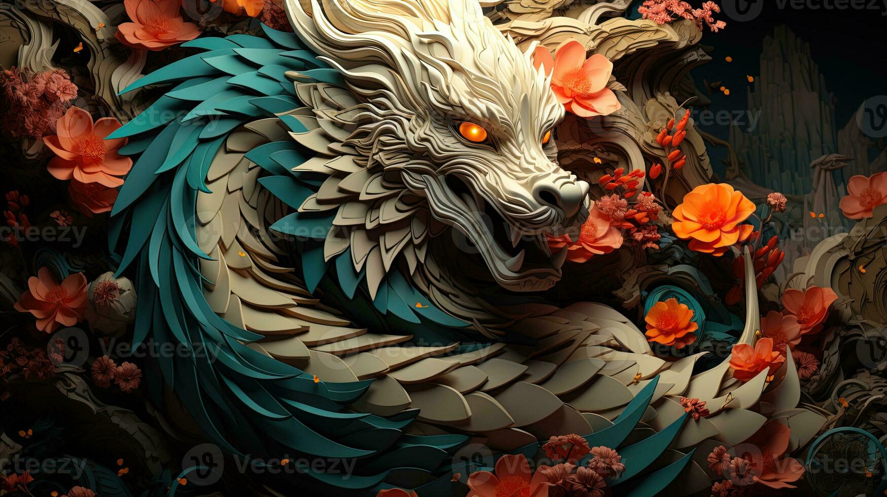 Japanese dragon, in the style of detailed multi-layered compositions, close-up, colorful bright background. ai generative art photo