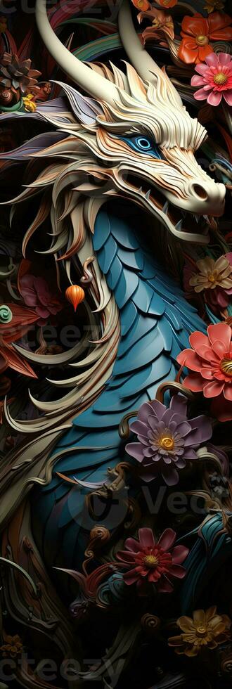 Japanese dragon, in the style of detailed multi-layered compositions, close-up, colorful bright bookmark. ai generative art photo