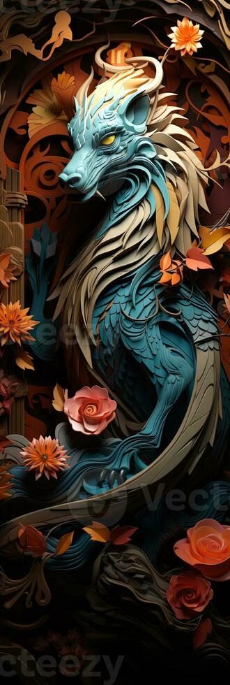 Japanese dragon, in the style of detailed multi-layered compositions, close-up, colorful bright bookmark. ai generative art photo