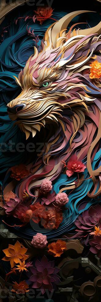 Japanese dragon, in the style of detailed multi-layered compositions, close-up, colorful bright bookmark. ai generative art photo