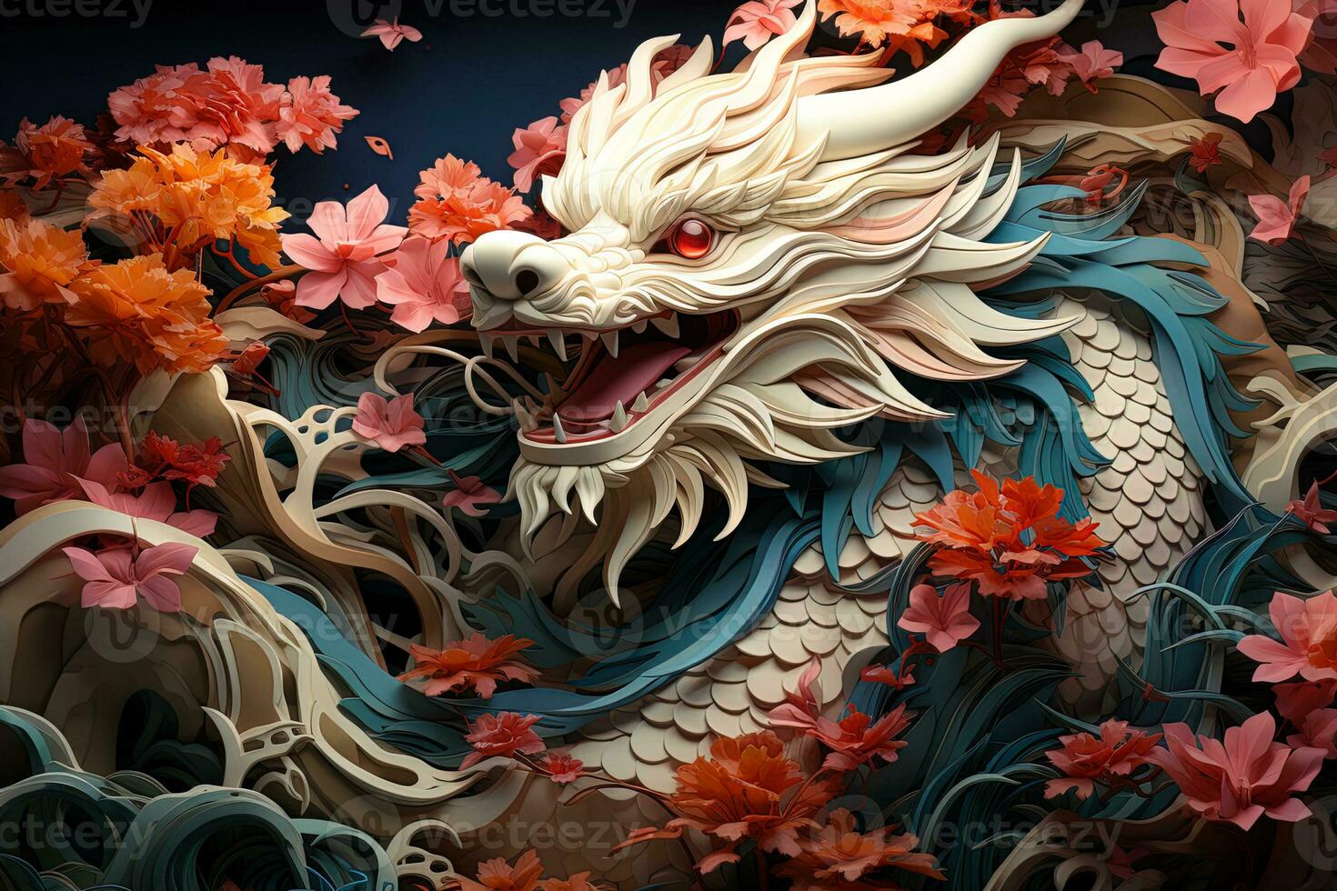 Japanese dragon, in the style of detailed multi-layered compositions