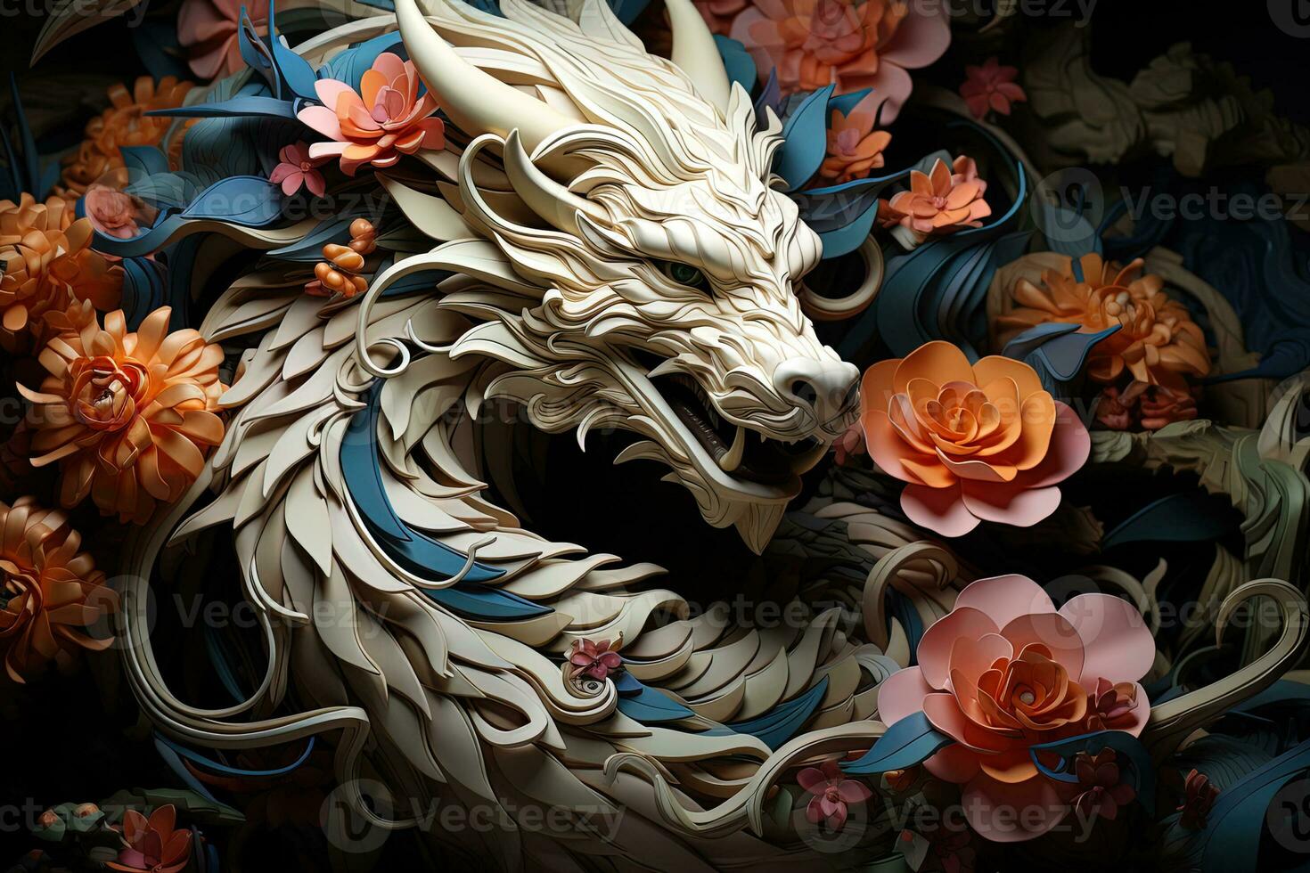 Japanese dragon, in the style of detailed multi-layered compositions, close-up, colorful bright background. ai generative art photo