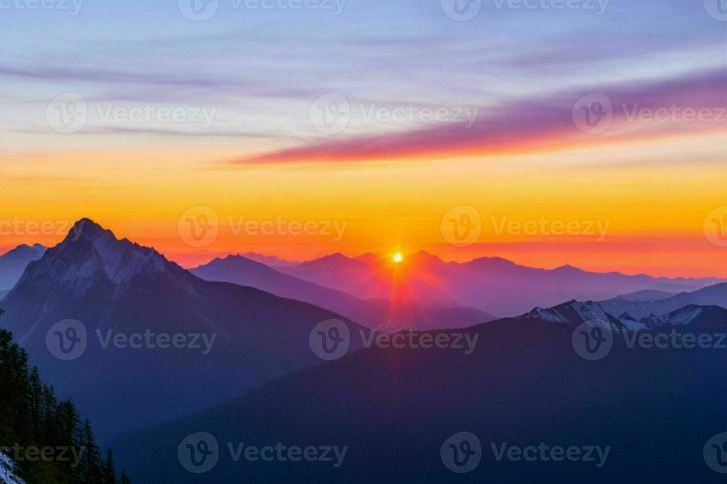 mountain silhouettes at sunset. AI Generative Pro Photo