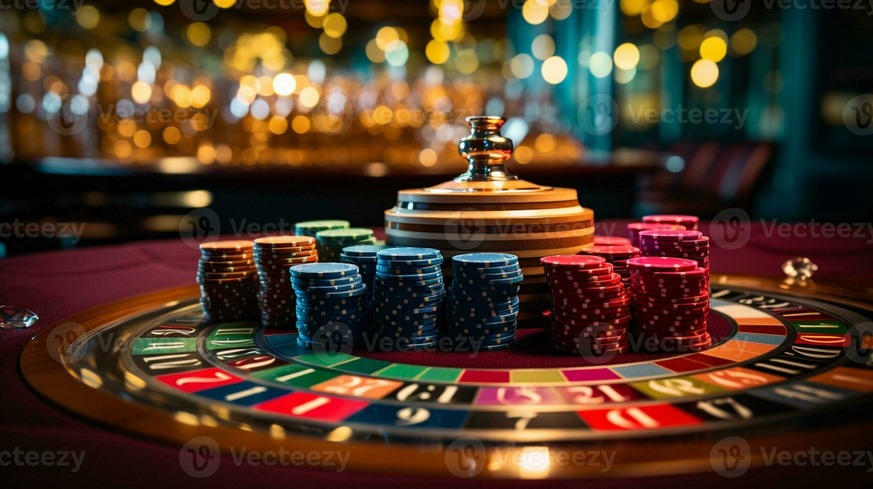 Casino theme. Golden roulette wheel closeup Generative AI photo