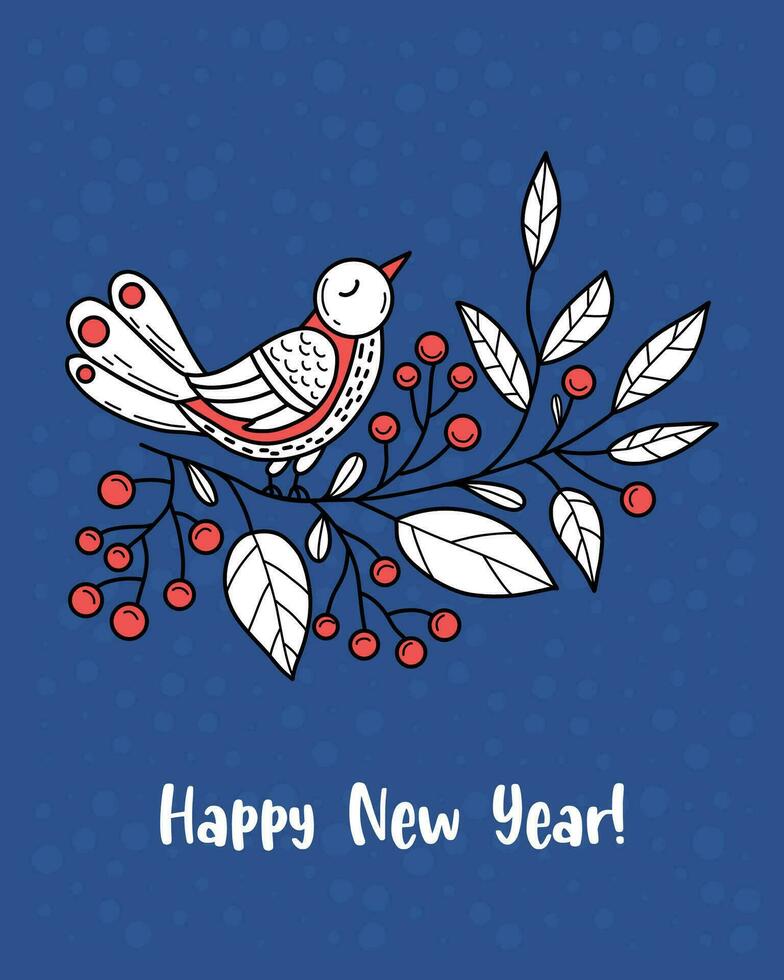 New Year greeting card. Bird on branch with Christmas berries on blue background. Vector vertical illustration in hand drawing style. Xmas folk design.