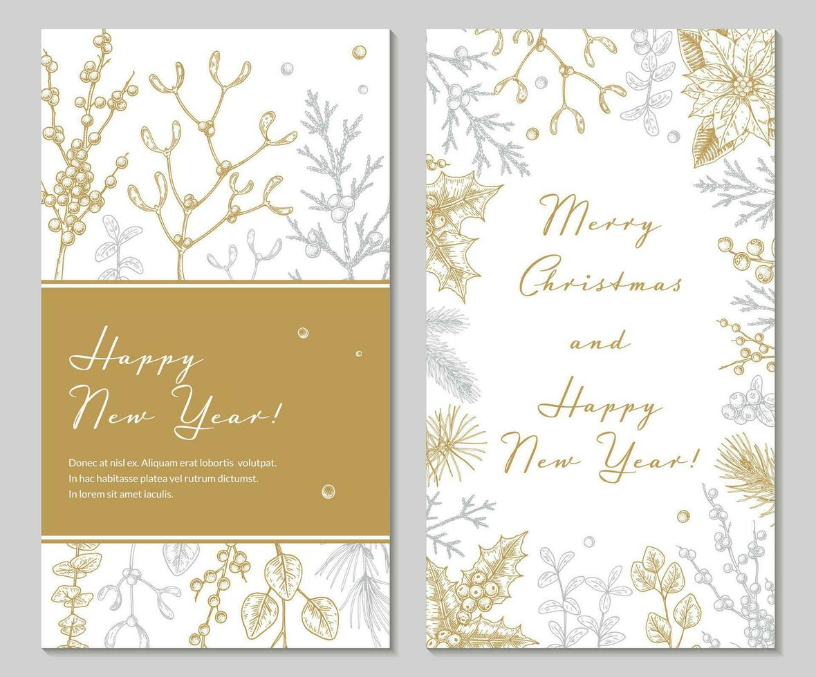 Two side Merry Christmas and Happy New Year vertical greeting card with hand drawn golden botany element. Vector illustration in sketch style. Festive backgrounds. Social media stories templates