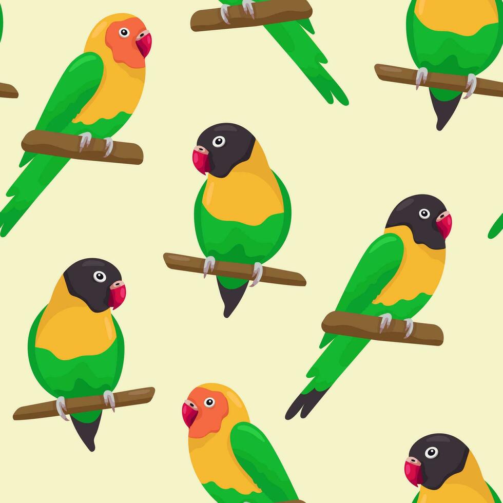 Seamless pattern with cartoon green love birds sitting on branches. Flat little colorful exotic parrots. Vector illustration. Good for T-shirts, posters, book covers, banners