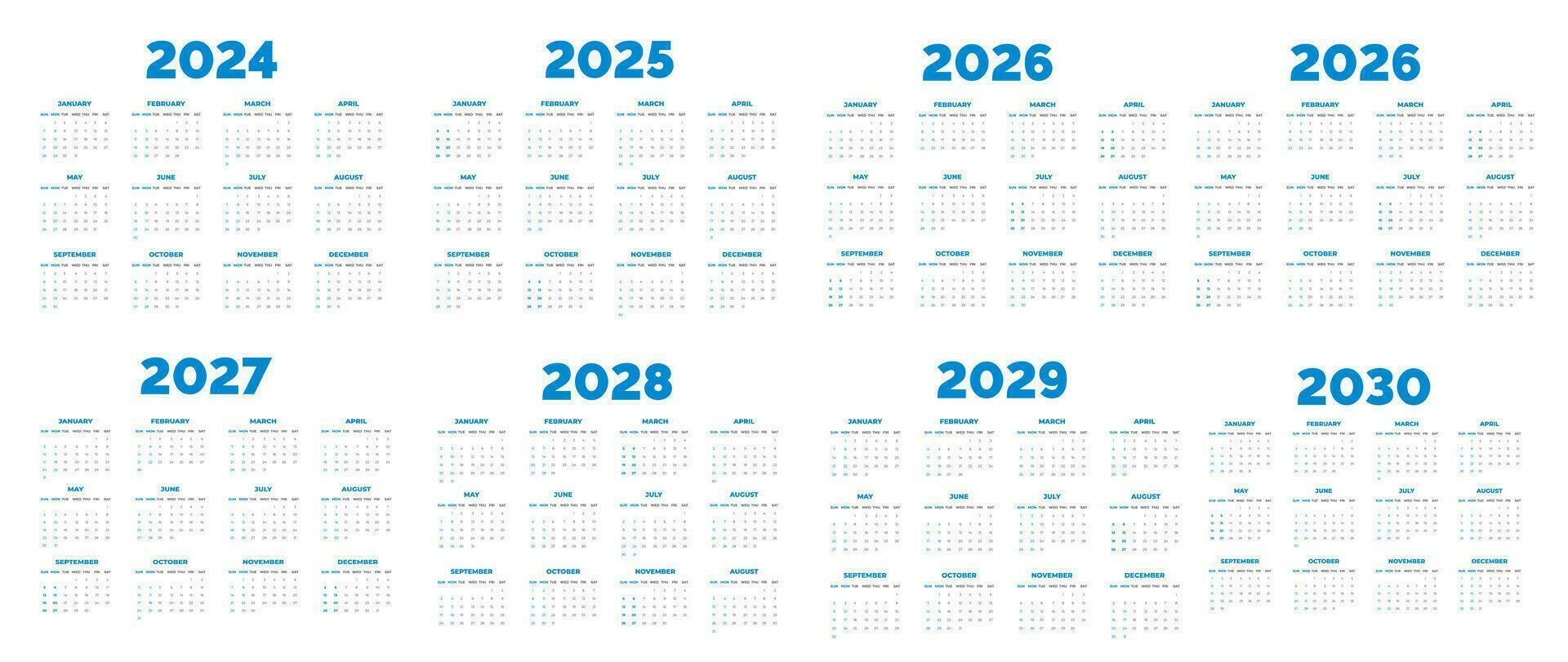 2024, 2025, 2026, 2027, 2028, 2029, 2030 Calendar  set vector illustration. week starts on Sunday, Simple planner design template corporate business wall calendar design bundle.