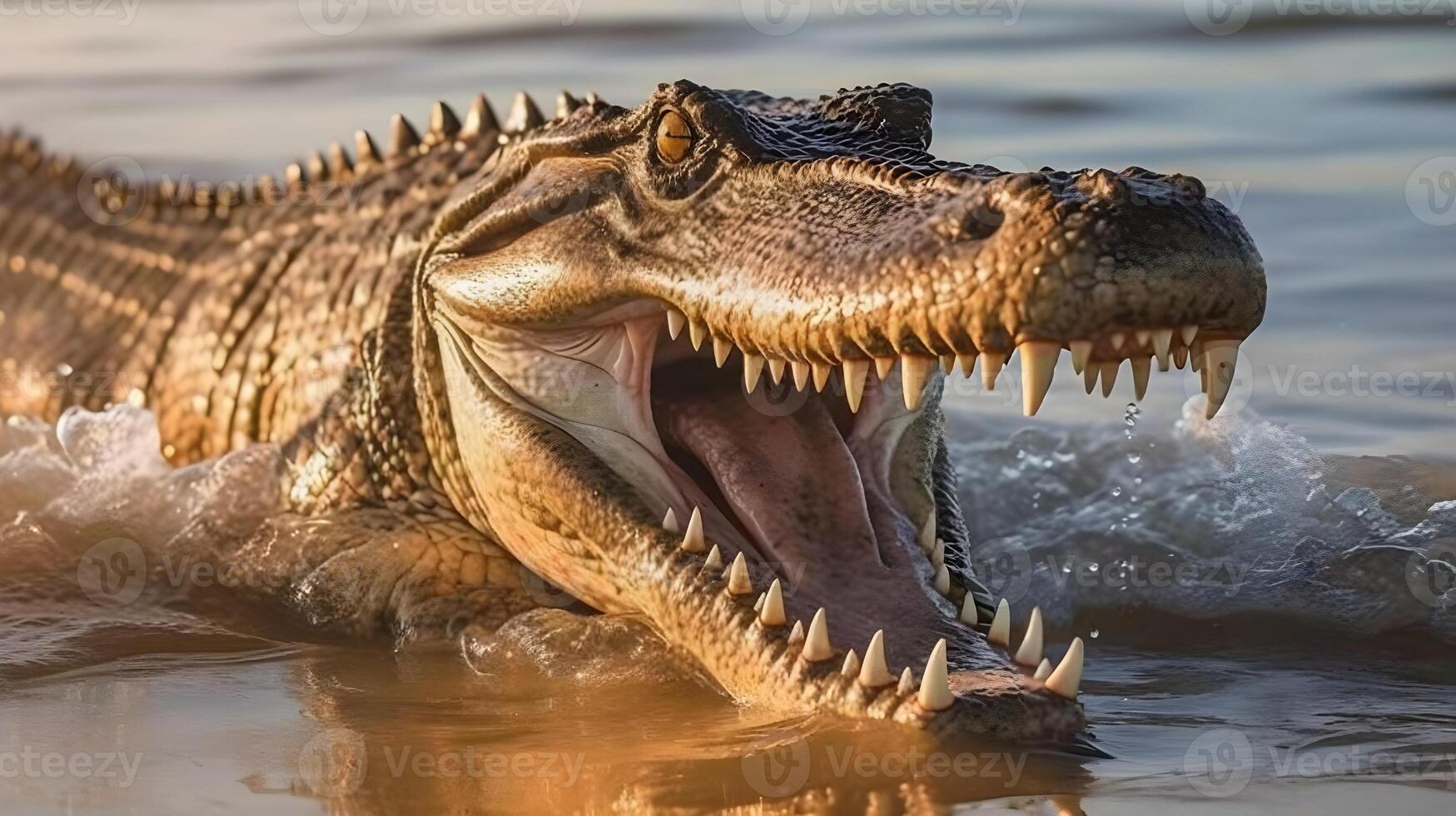 Close up face of Crocodile and his open mouth swimming in the water. AI Generated. photo
