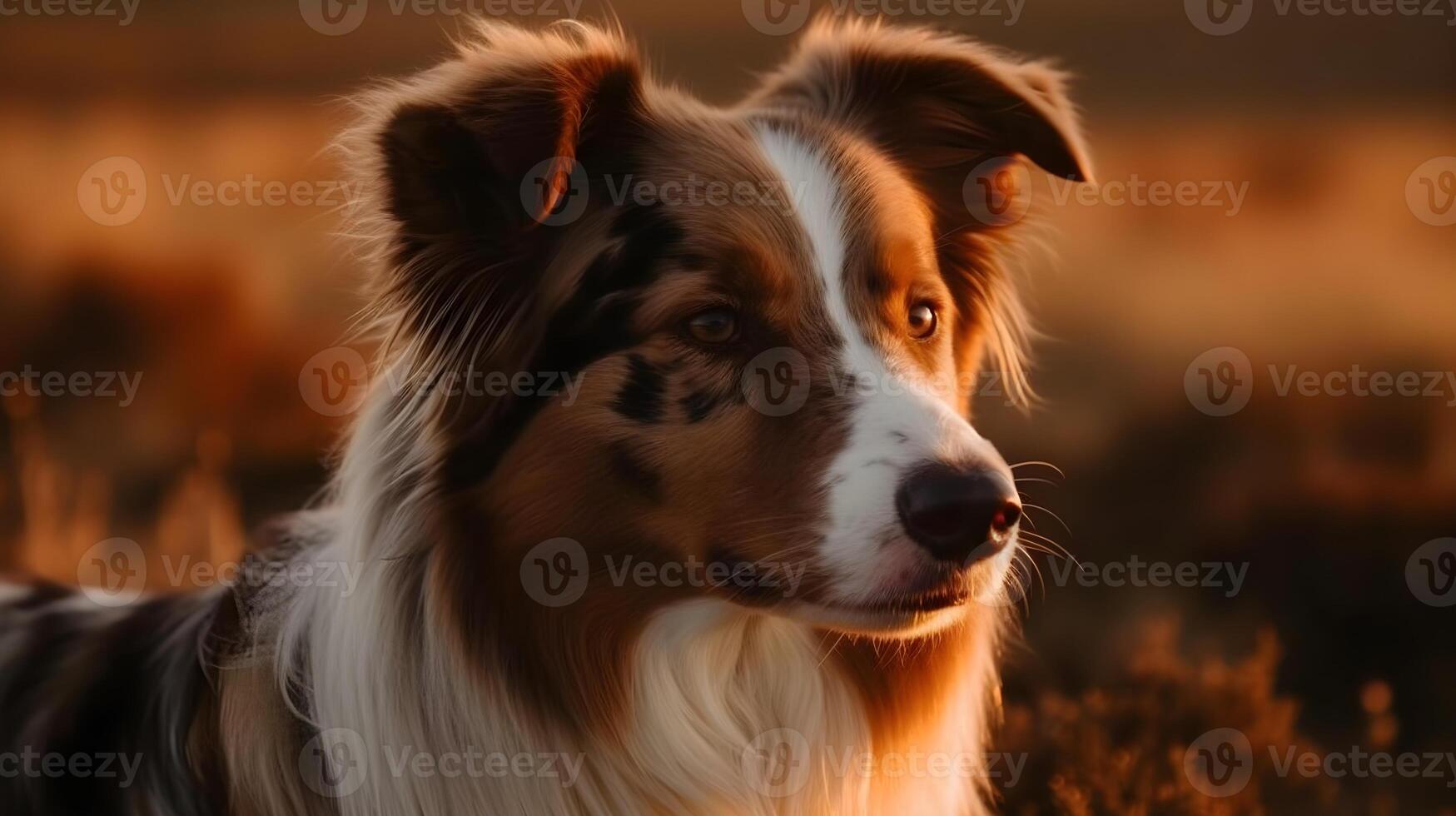 Beautiful Brown white and black color Australian Shepherd dog looking at something with nature background. AI Generated photo