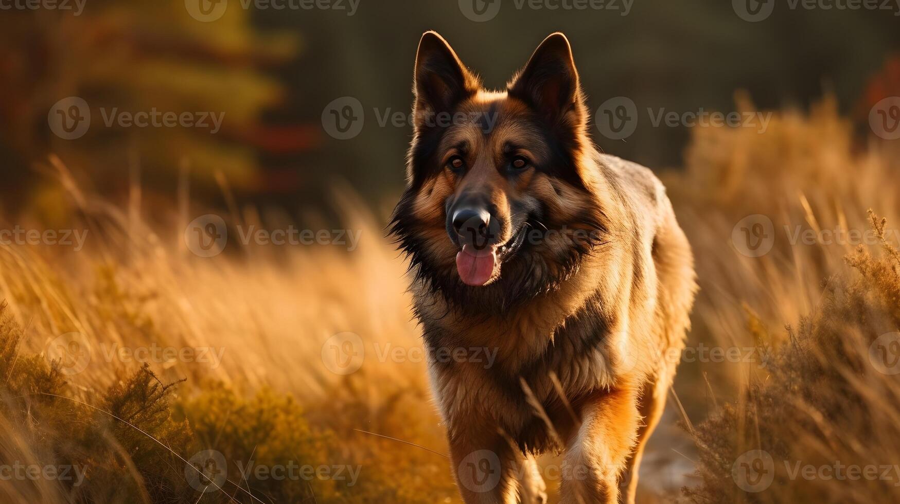 Brown black Old German Shepherd Dog walking, stare and look at something, dog tongue out and wet face, playing in the nature, autumn season. AI Generated photo