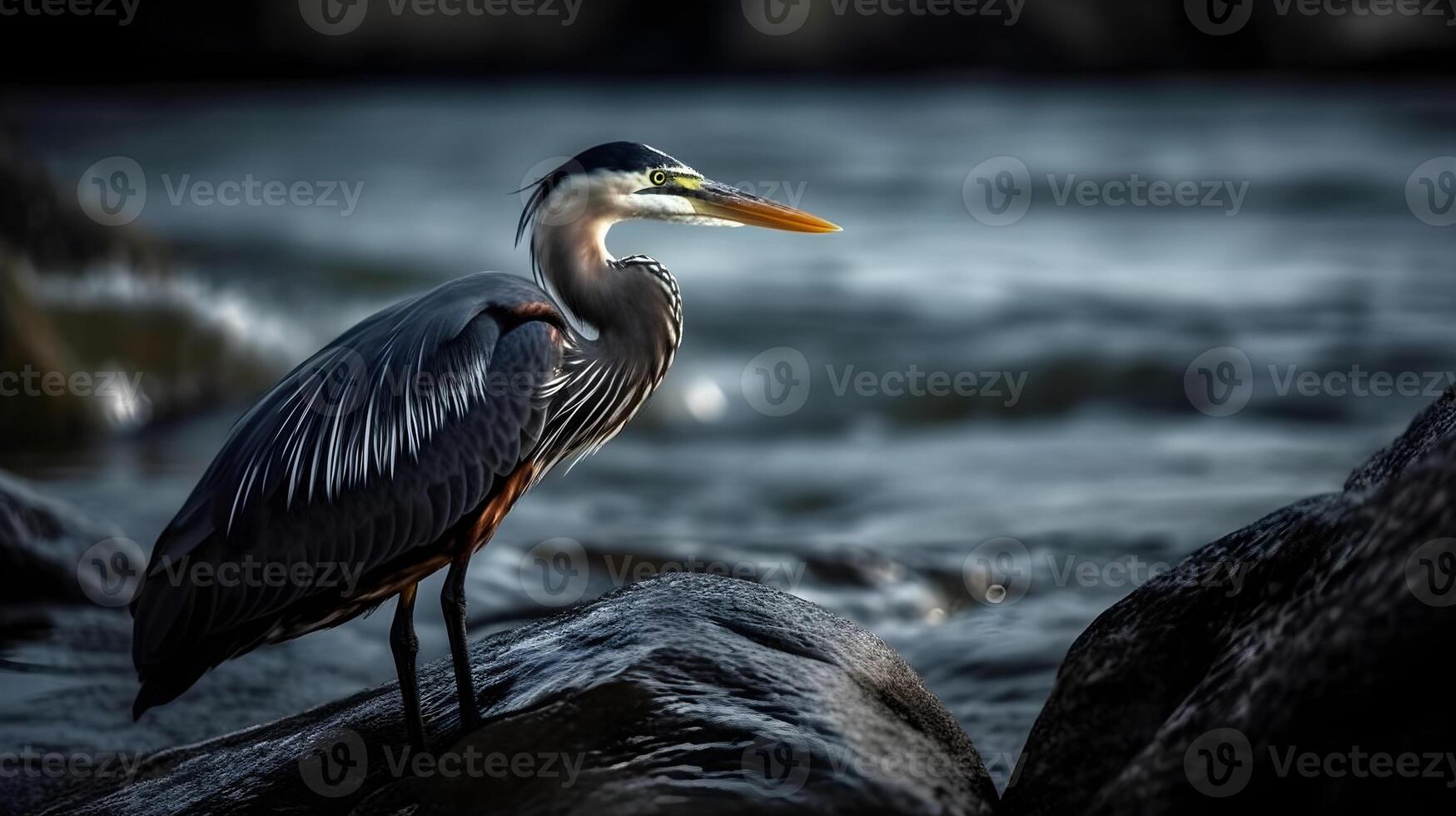 Great blue heron standing at the river to catch fish. AI Generated. photo
