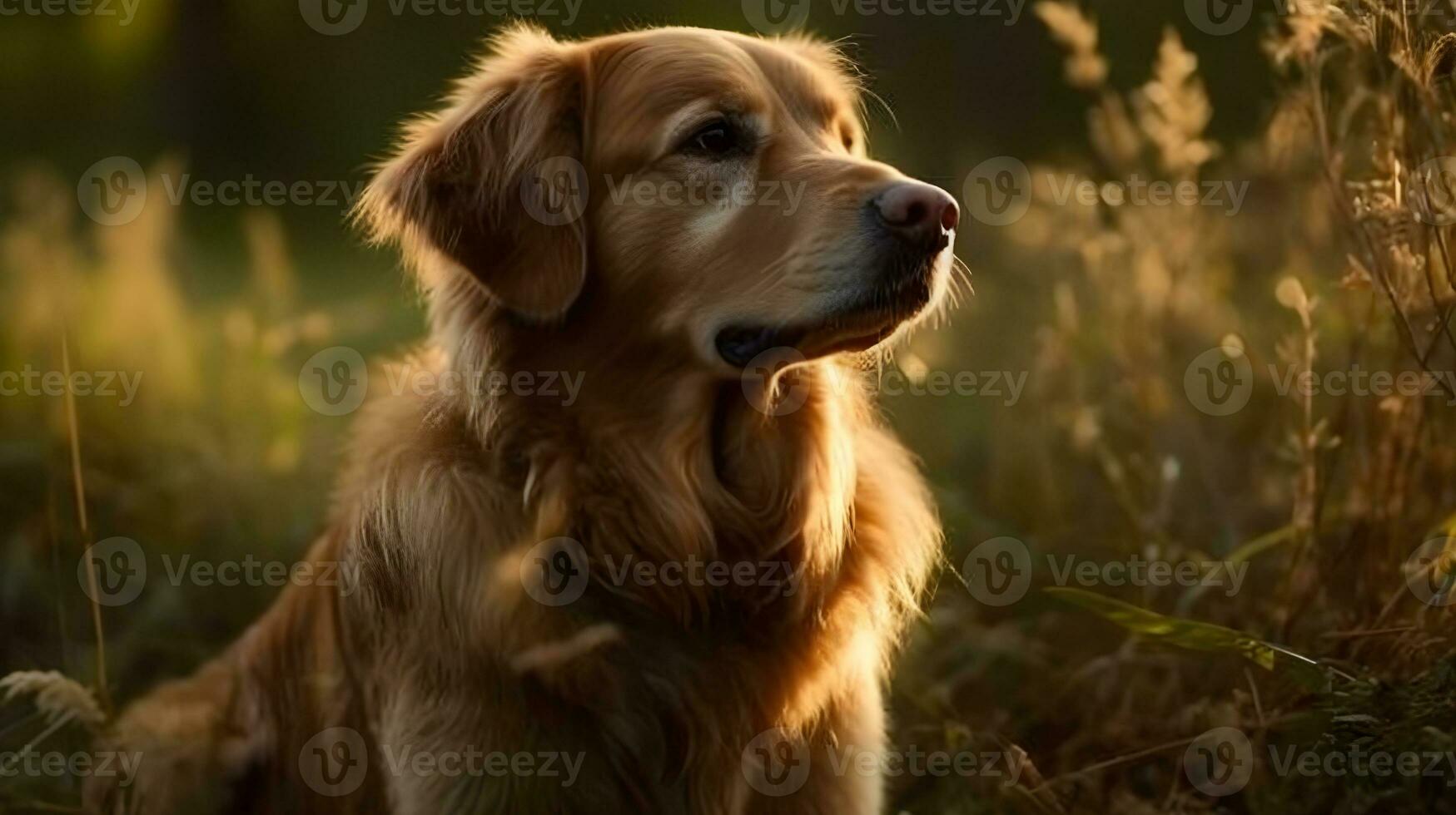 Close up beautiful blonde golden retriever dog explore walking and standing in the middle of the meadow, nature background. AI Generated photo