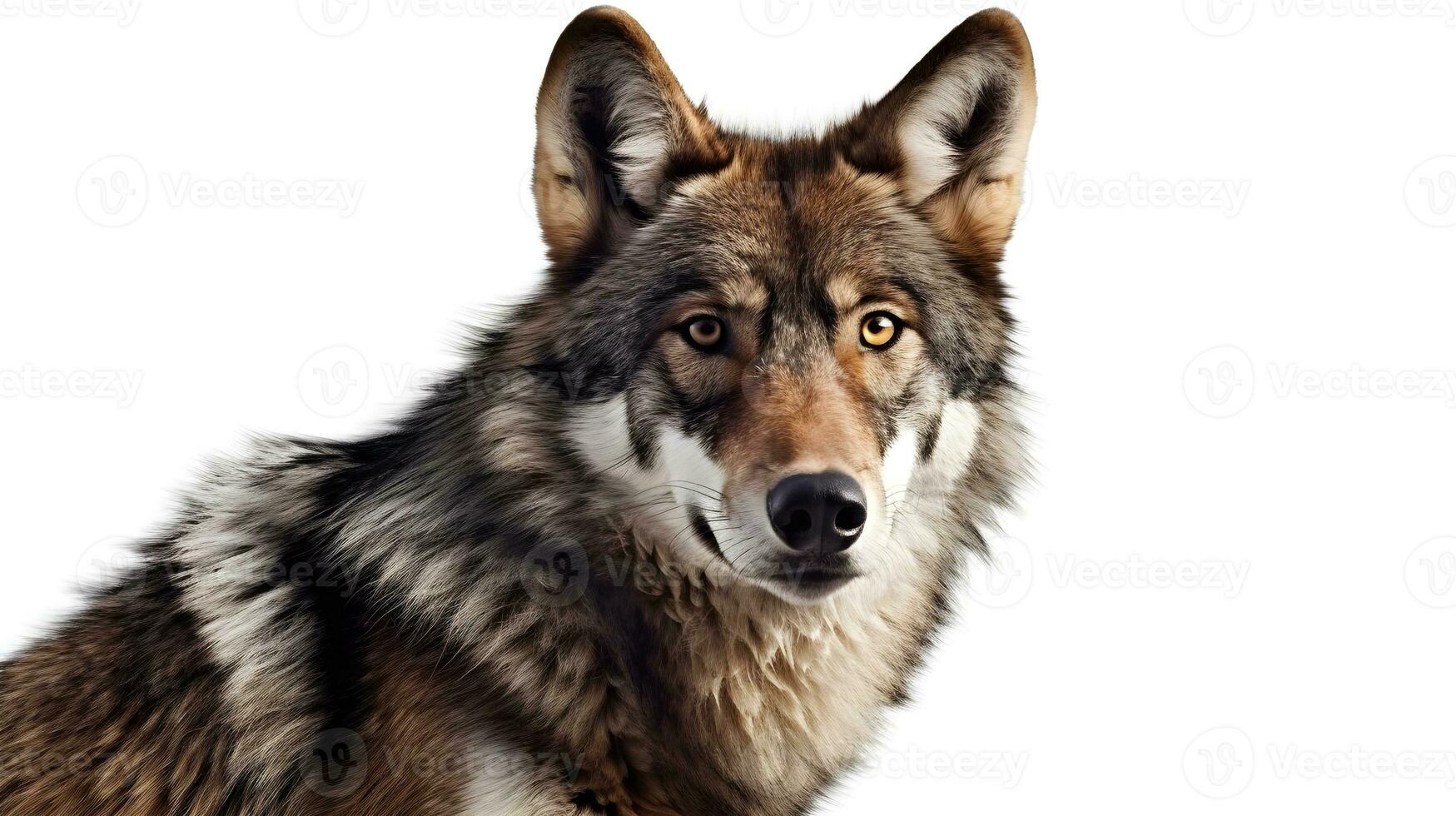 Close up of wolf face stare and observe isolated on white background studio shot background. AI Generated. photo