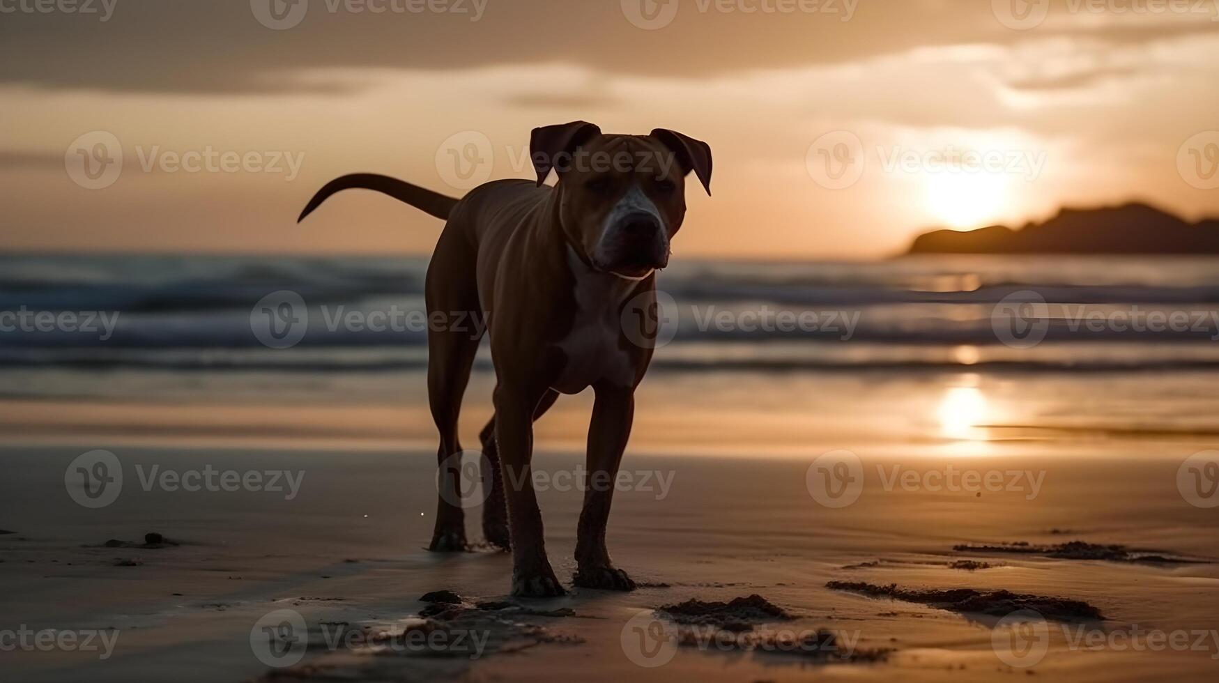 Pit bull dog walking and playing at the beach in the evening sunset. AI Generated. photo