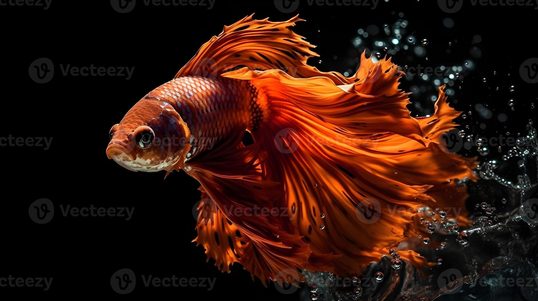 Beautiful red Siamese fighting fish or beta fish with water bubble swimming underwater isolated on black background. AI Generated. photo