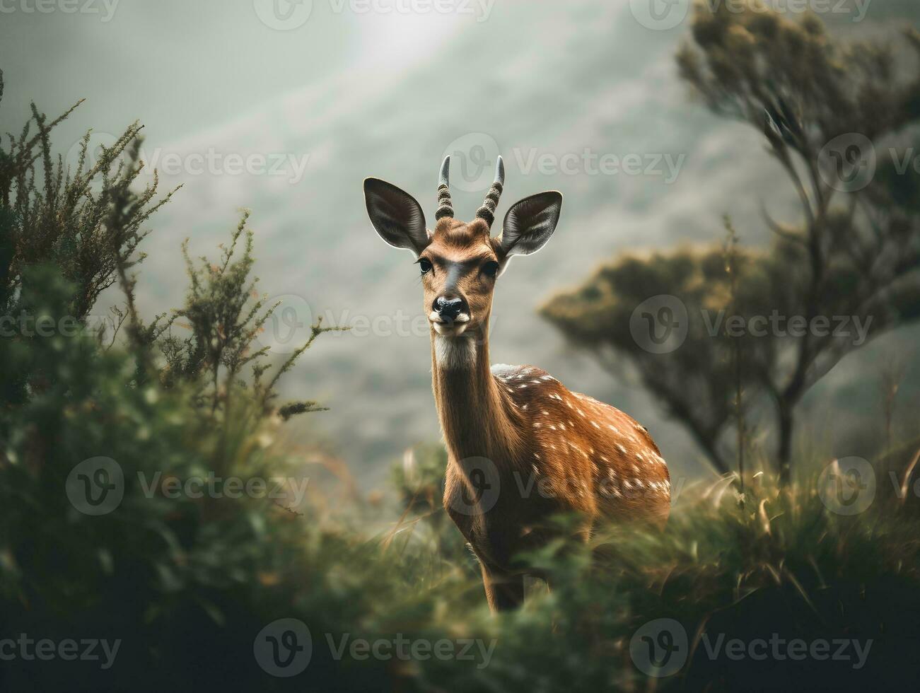 Chital deer or brown and white spotted deer looking at the camera from the bush, nature background. AI Generated. photo