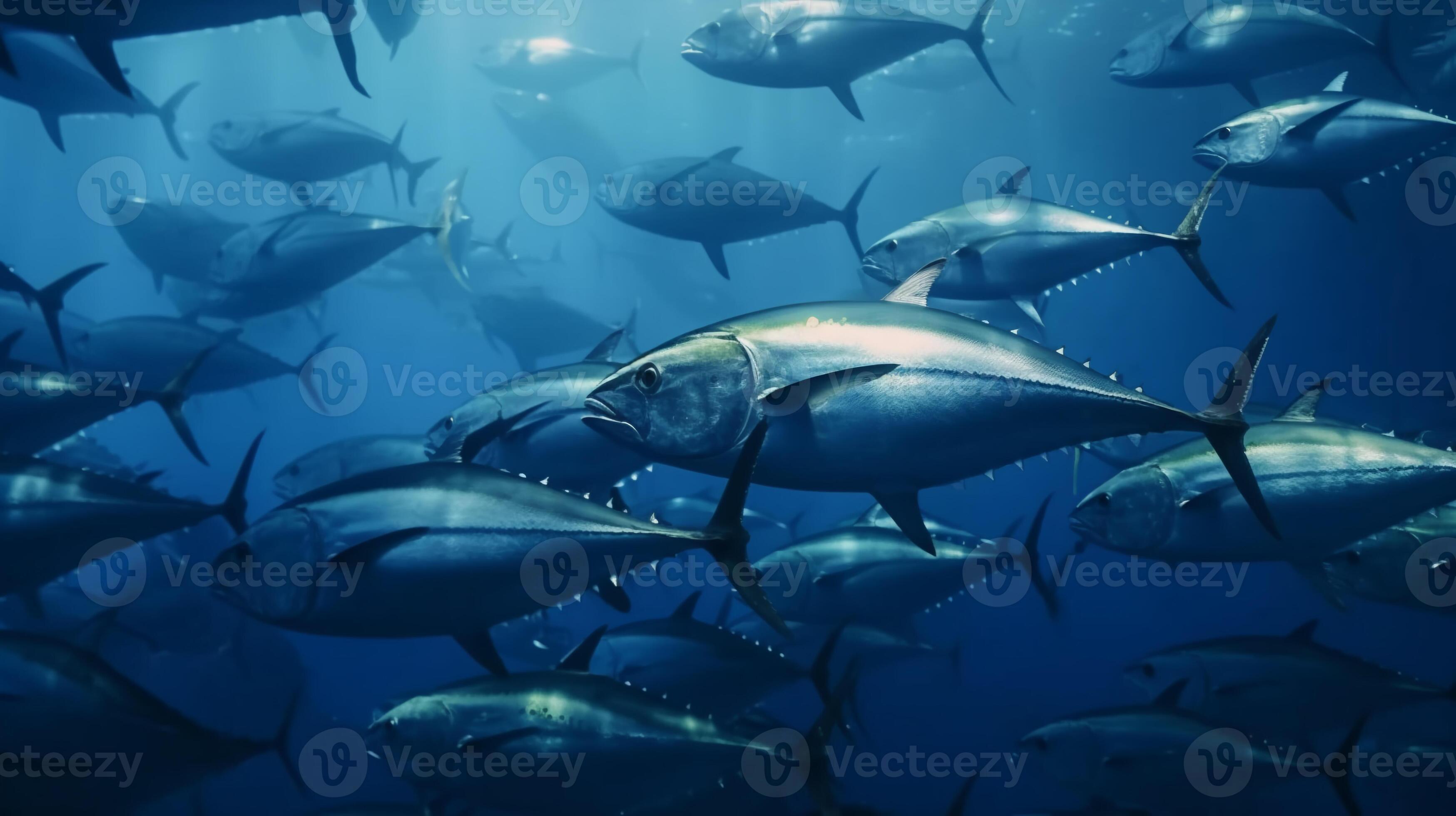 https://static.vecteezy.com/system/resources/previews/029/796/881/large_2x/school-of-tuna-fish-swimming-under-the-surface-of-blue-ocean-light-come-from-the-surface-fishing-spot-ai-generated-photo.jpg