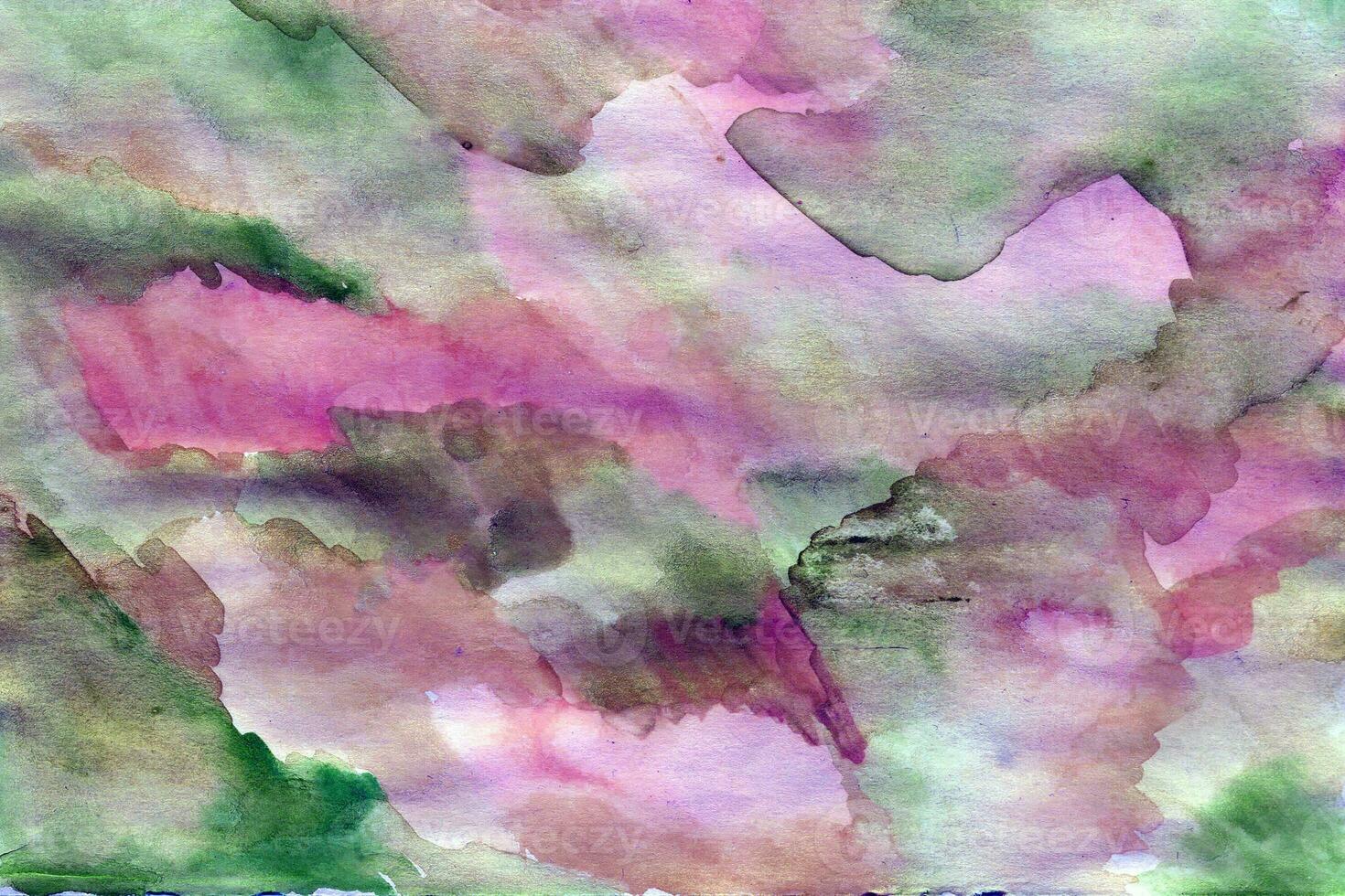 Watercolor green pink background with brush strokes, dots, spots photo