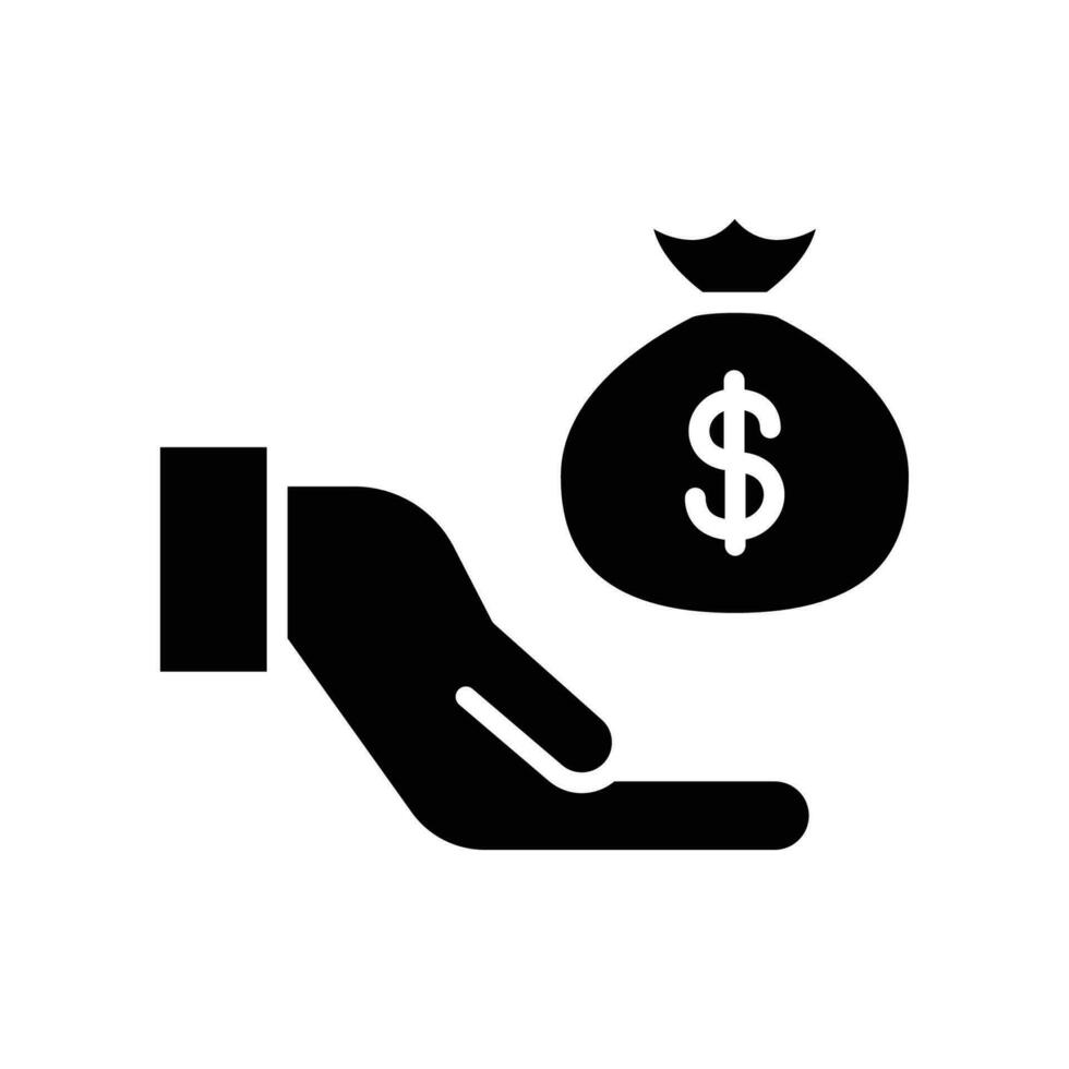 Save money icon, salary money in bag. Hand holding dollar. Give charity and donation. Saving investment. Pay and give deposit Solid Vector illustration Design on white background. EPS10