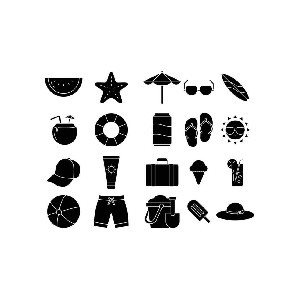 Summer vacation and beach set. Summertime icon set in solid style include glasses, beach ball, flip flop, sandal, pants, sunscreen, ice cream, etc Vector illustration Design on white background EPS10
