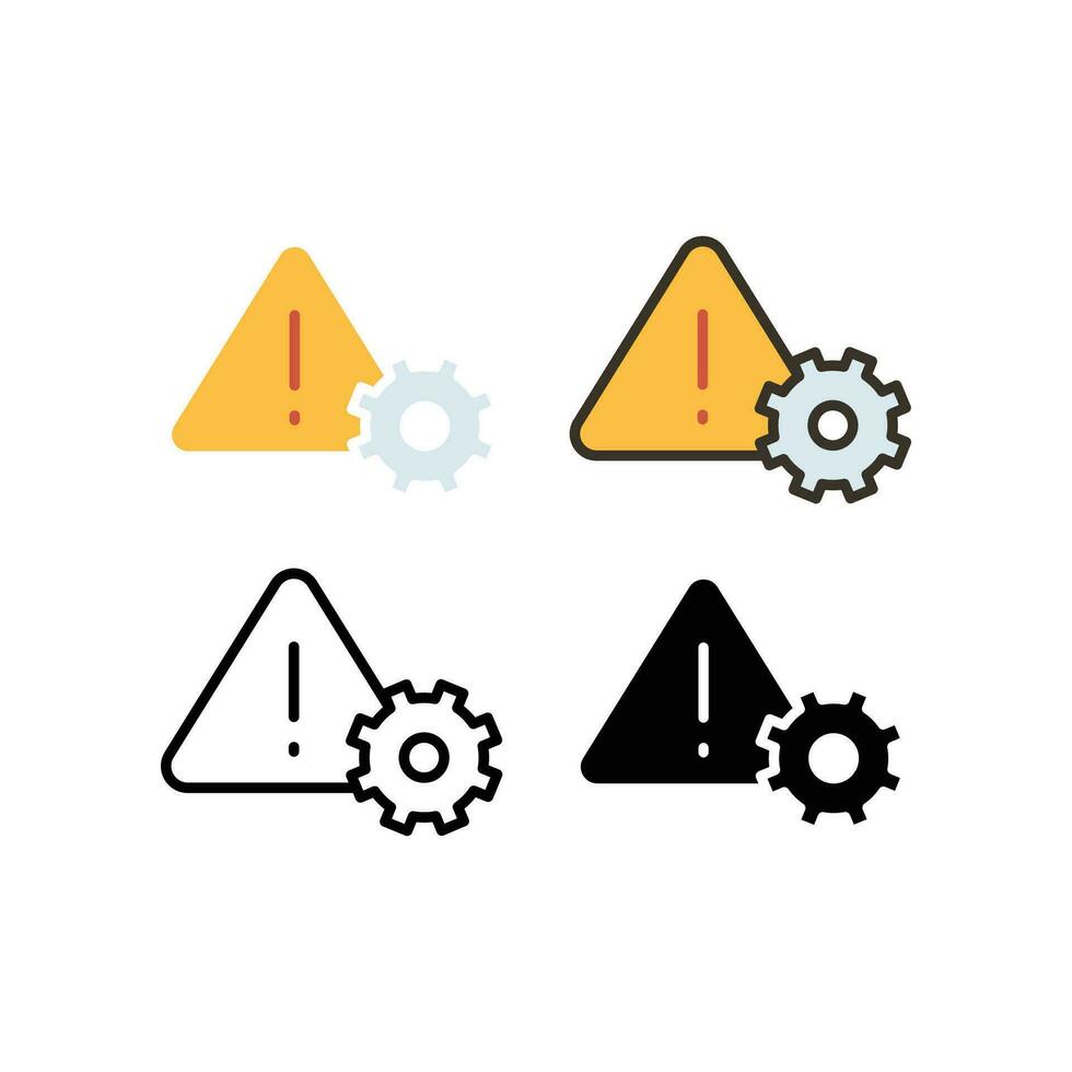 System error and not working sign. Settings icon with exclamation mark in triangle with gear wheel. Industry Problem. Gear, setting, warning icon. Vector illustration. Design on white background EPS10