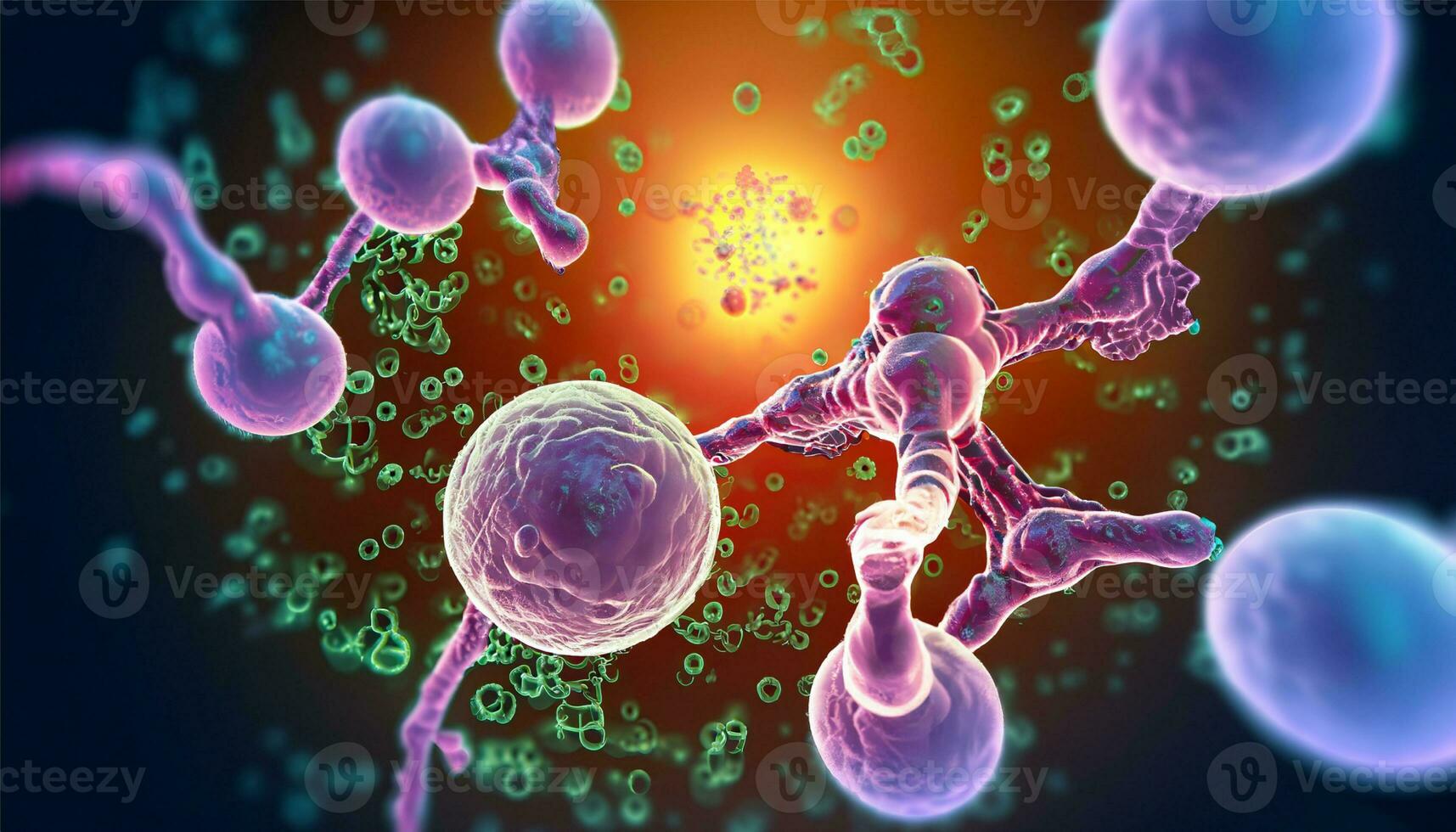 Magnified molecular structure of bacteria causing disease on glowing background photo