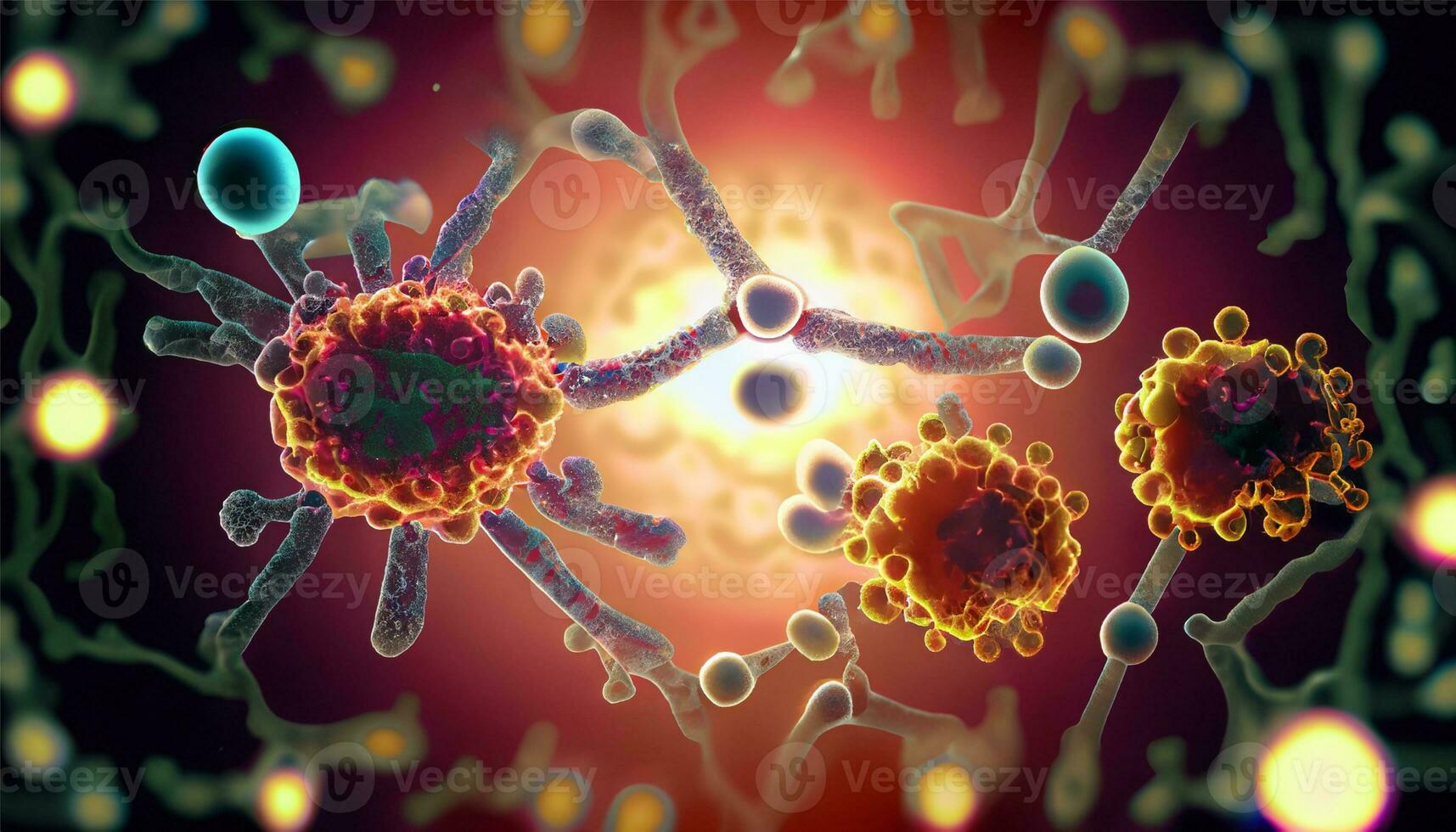 Magnified molecular structure of bacteria causing disease on glowing background photo
