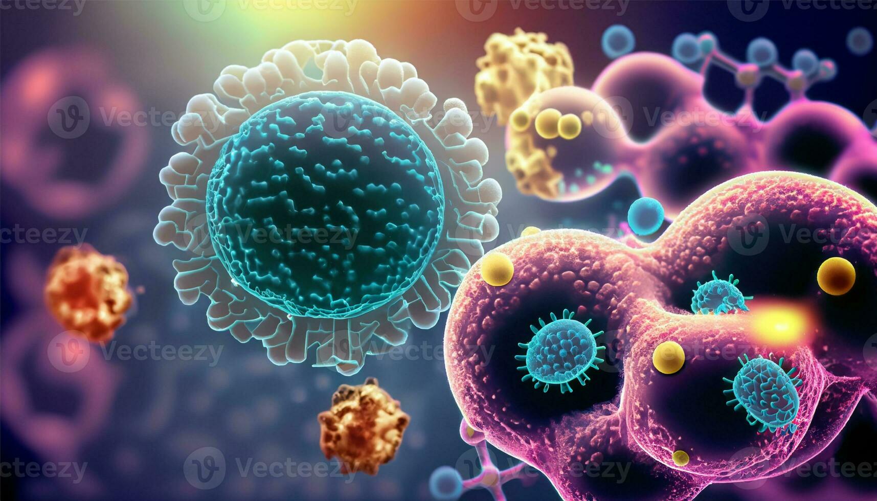 Magnified molecular structure of bacteria causing disease on glowing background photo