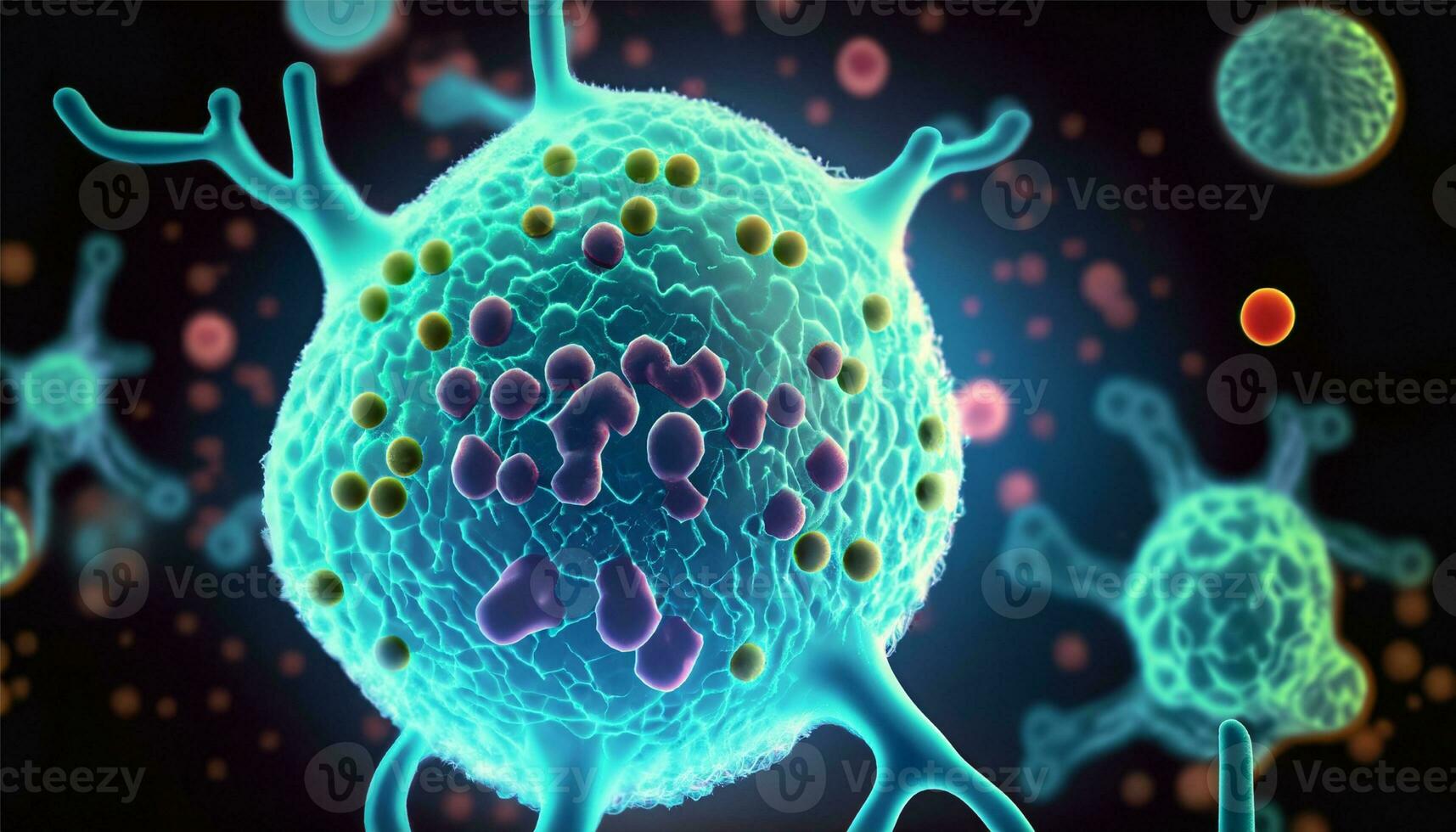Magnified molecular structure of bacteria causing disease on glowing background photo