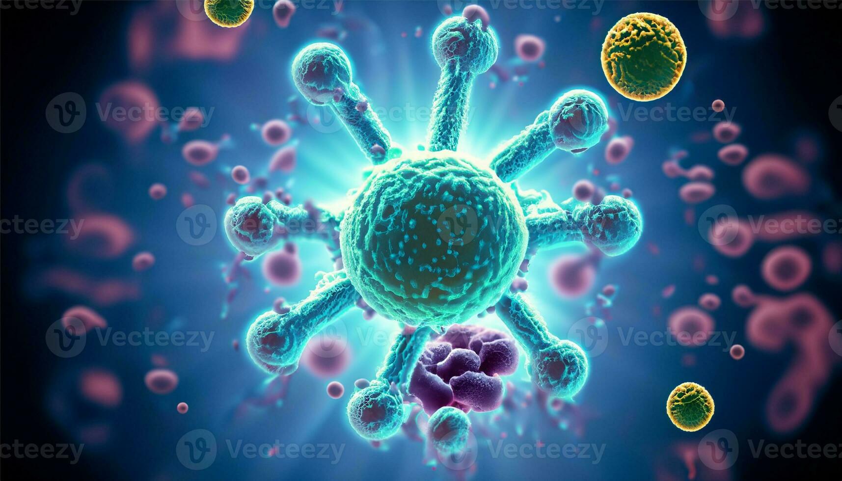 Magnified molecular structure of bacteria causing disease on glowing background photo
