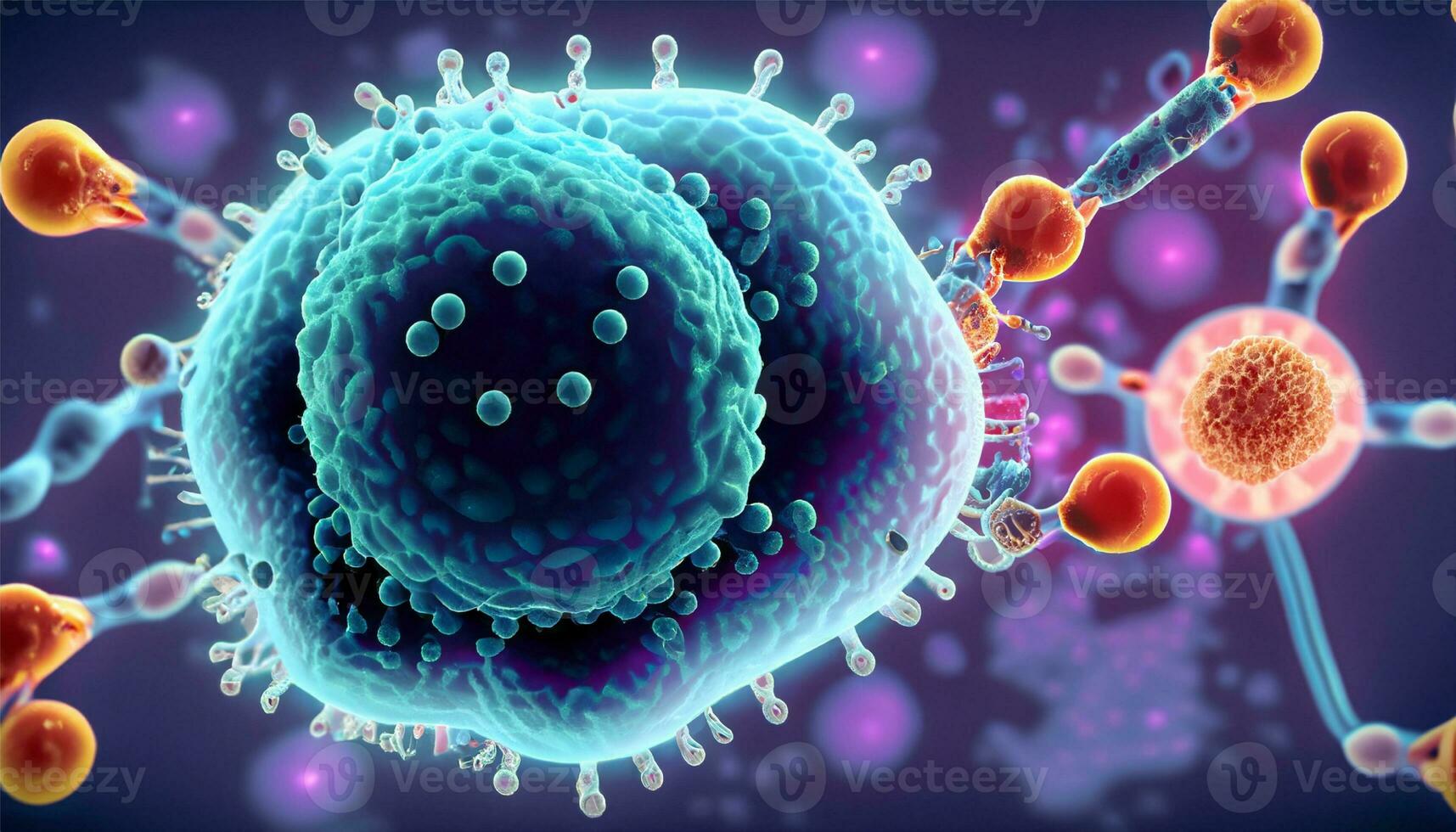 Magnified molecular structure of bacteria causing disease on glowing background photo