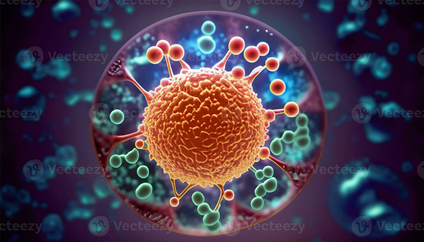 Magnified molecular structure of bacteria causing disease on glowing background photo