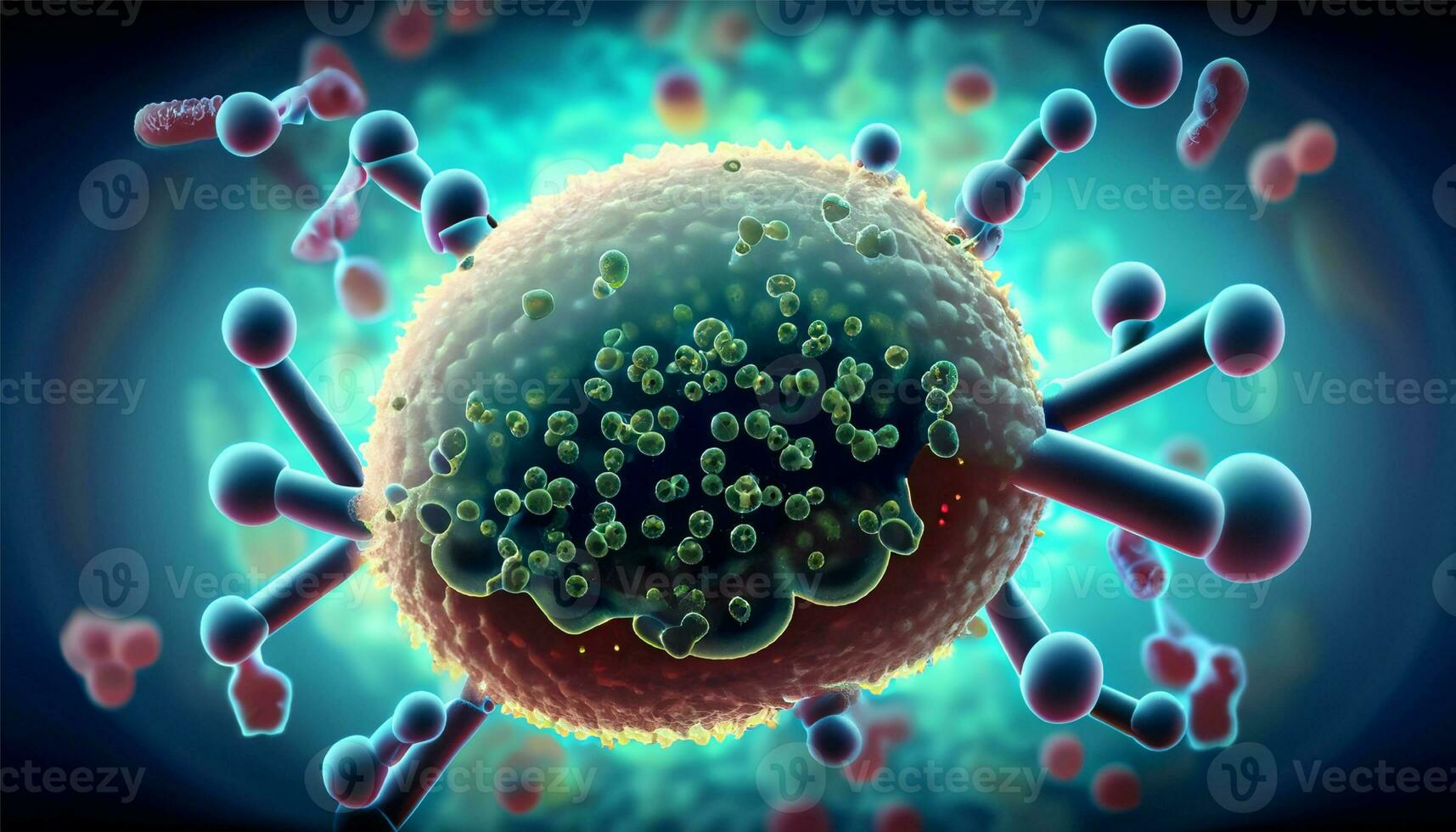 Magnified molecular structure of bacteria causing disease on glowing background photo