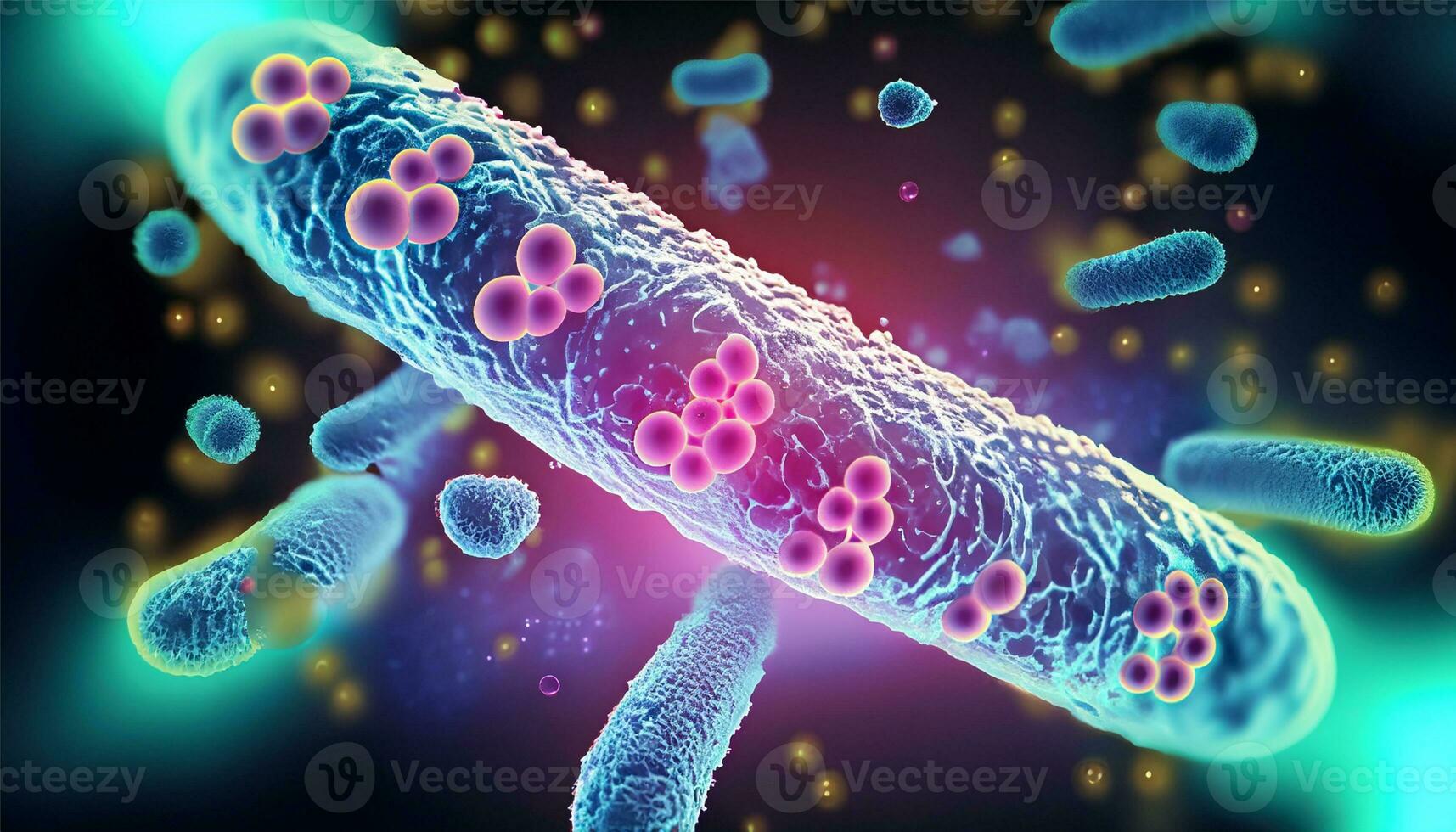 Magnified molecular structure of bacteria causing disease on glowing background photo