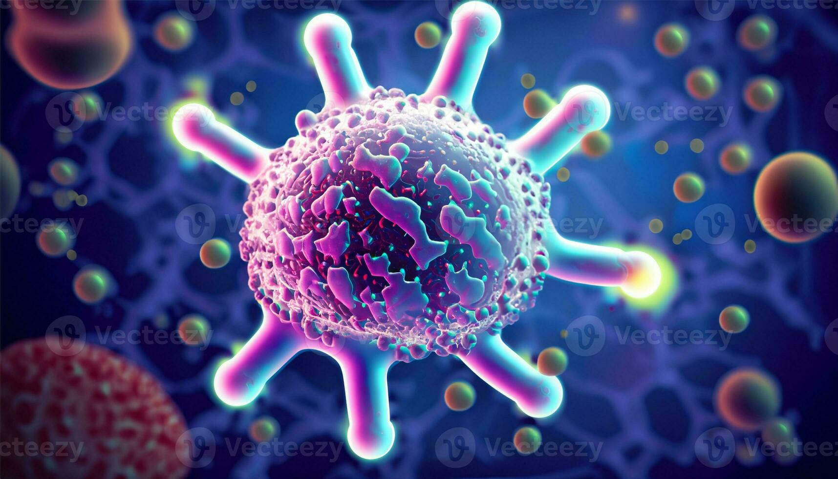 Magnified molecular structure of bacteria causing disease on glowing background photo