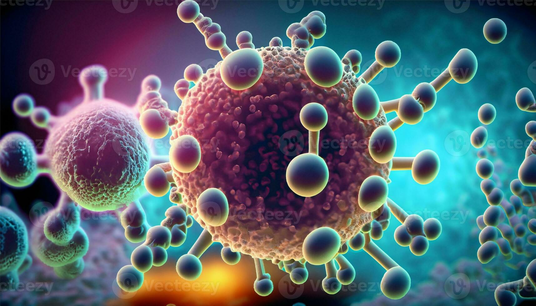 Magnified molecular structure of bacteria causing disease on glowing background photo