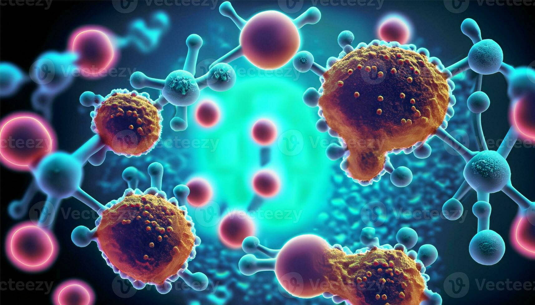 Magnified molecular structure of bacteria causing disease on glowing background photo