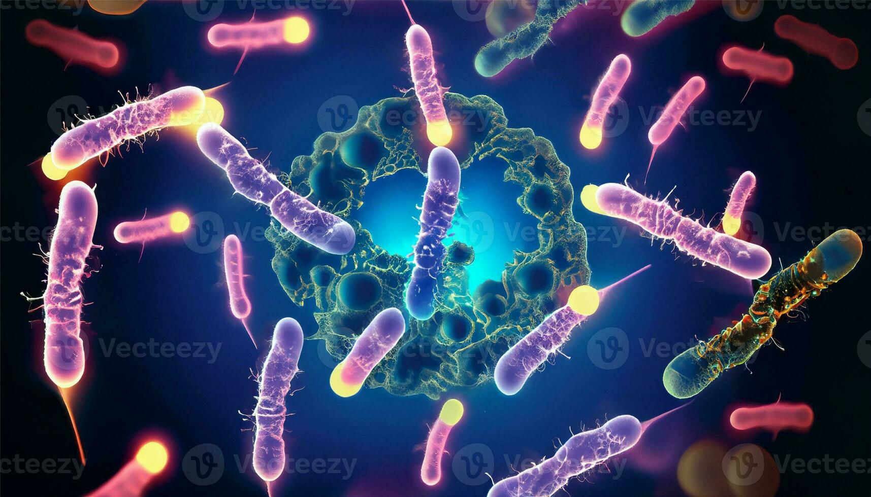 Magnified molecular structure of bacteria causing disease on glowing background photo