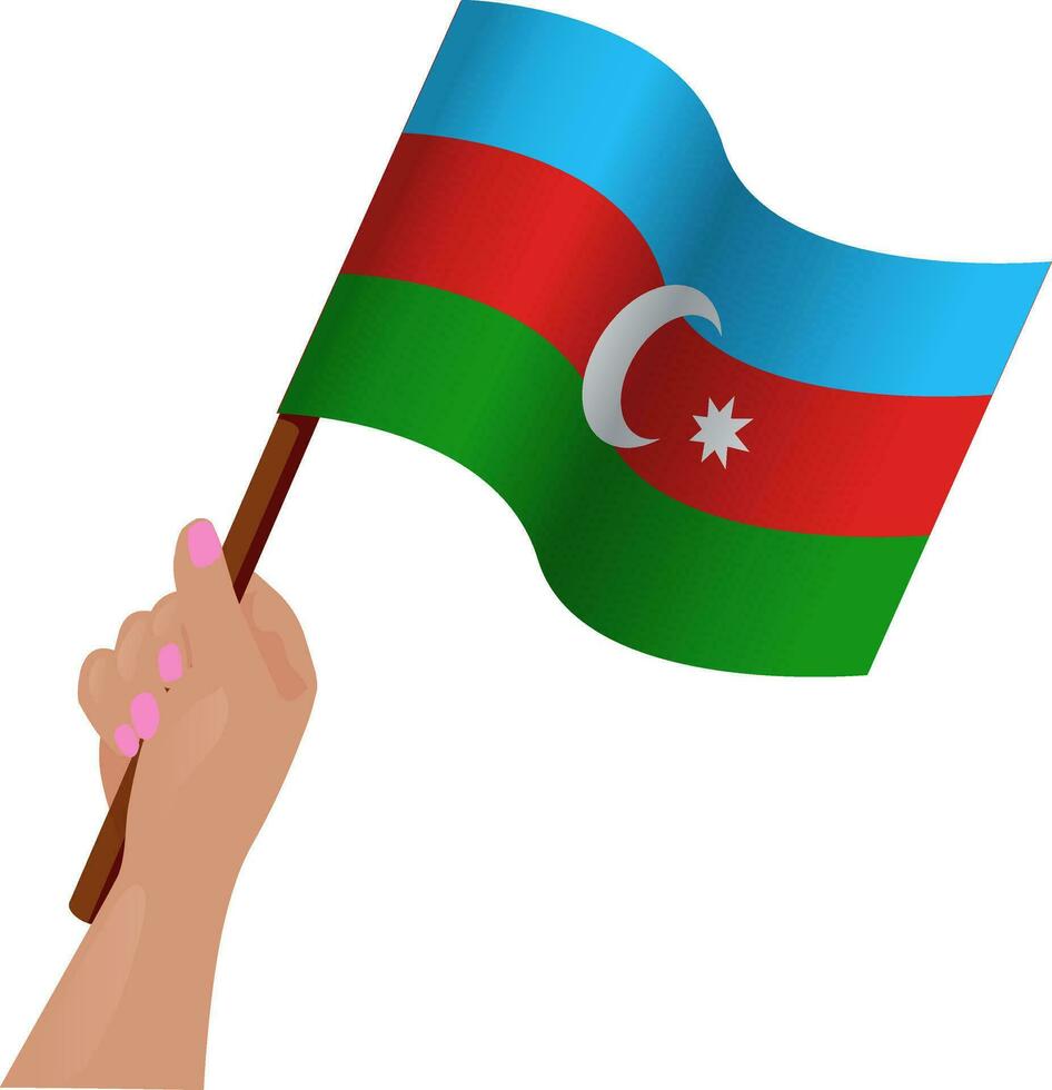 Colorful illustration of Azerbaijan independence day celebration. Hand holding Azerbaijani Waving flag. Vector illustration.