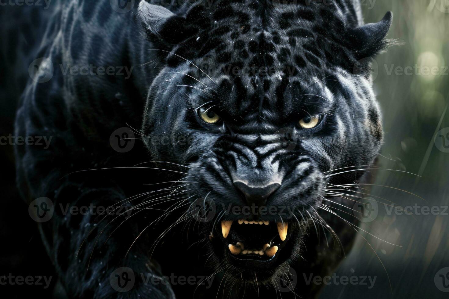 cabeza de un negro pantera de cerca. negro puma. el pantera tiene abrió sus boca con grande colmillos y gruñidos un formidable depredador. salvaje naturaleza. negro leopardo. ai generado foto