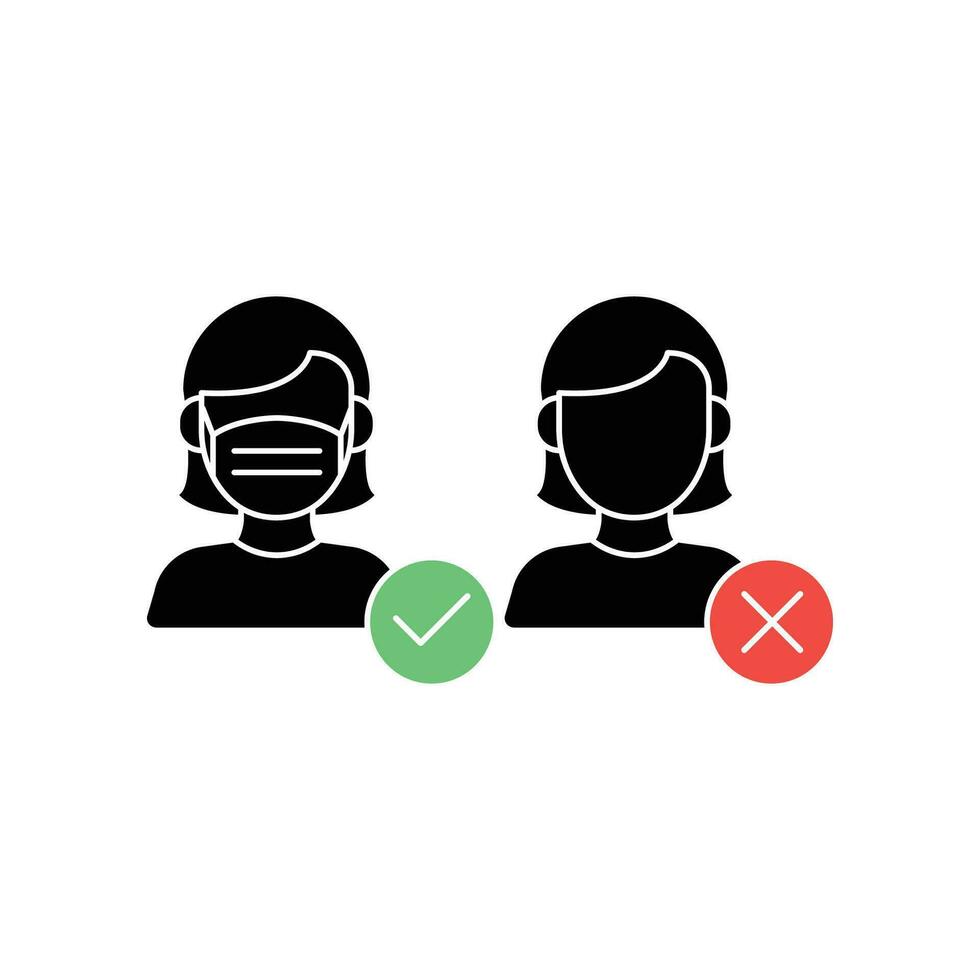 Female wear and without facemask. Warning sign for use mask area. Face mask area and Mask Required. Woman, mask, face, icon, coronavirus. Vector illustration. Design on white background. EPS10