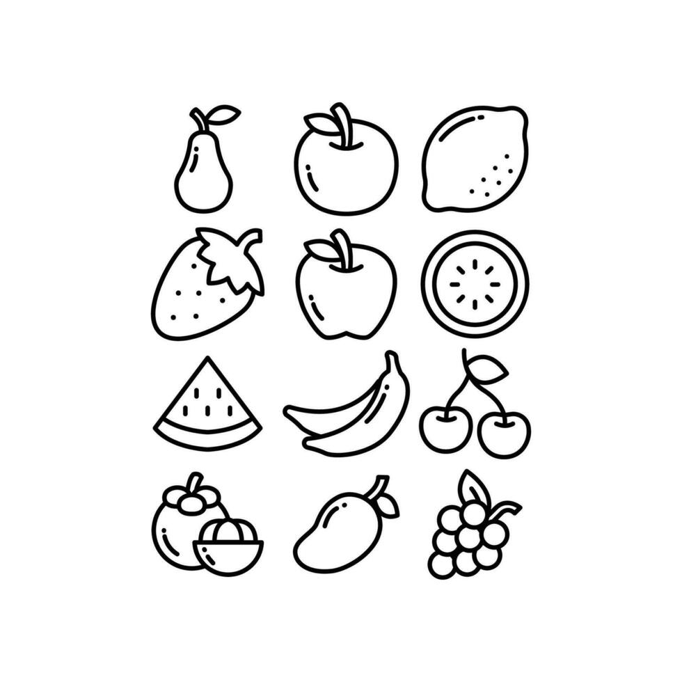 frutas alimento, tropical orgánico fruta, jugoso, Fresco orgánico línea silueta. limón, naranja, sandía, fresa, etc. sabroso íconos colocar, línea estilo vector ilustración. diseño