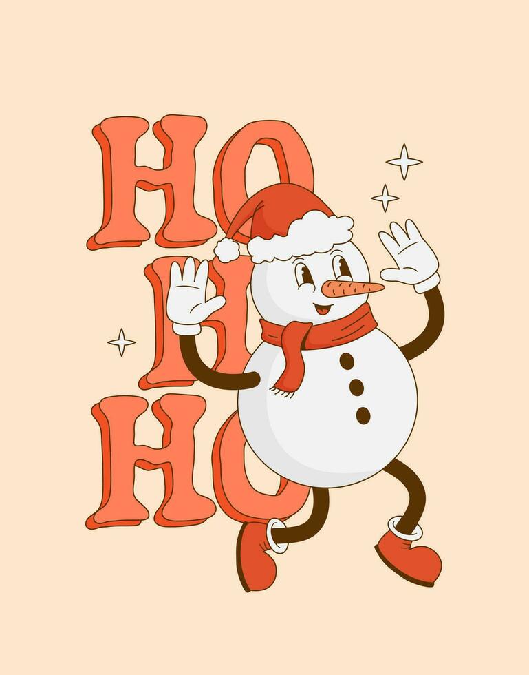 Funny retro cartoon 70s Christmas snowman character  background. Xmas mascot in groovy style vector illustration. Ho Ho Ho. Merry Christmas and Happy New year Invitation, poster, greeting card.