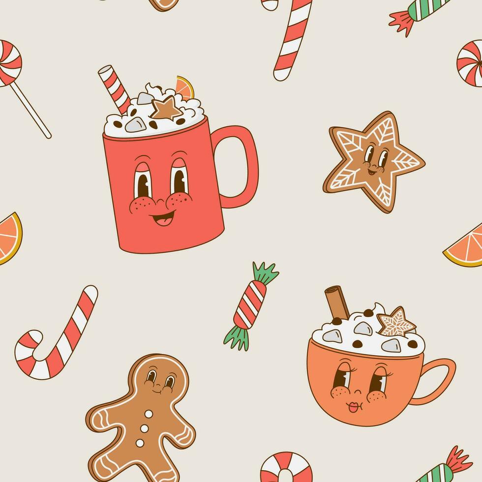 Seamless pattern with retro cartoon Christmas cup of coffee characters. Cappuccino mascot. Vector illustration. Wrapping paper, greeting card, decoration, New Year background